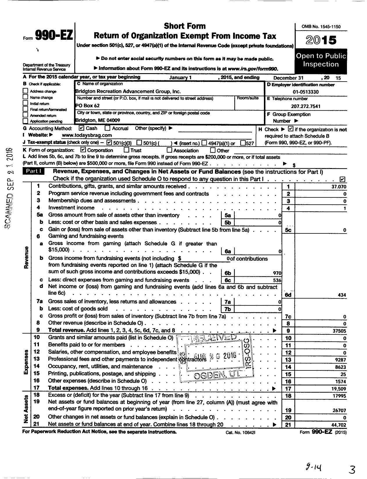 Image of first page of 2015 Form 990EZ for Bridgton Recreational Advancement Group