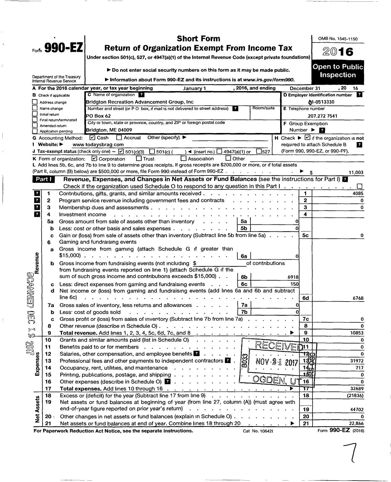 Image of first page of 2016 Form 990EZ for Bridgton Recreational Advancement Group