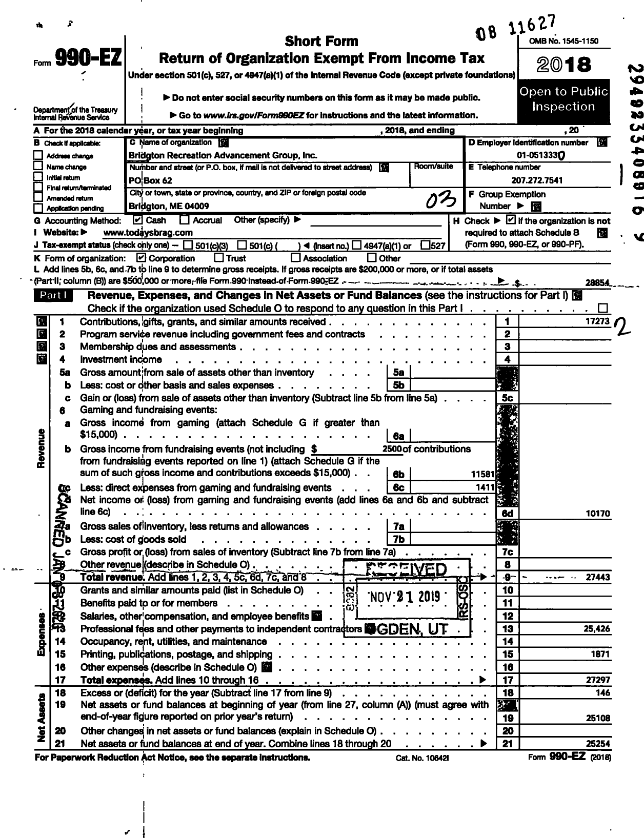 Image of first page of 2018 Form 990EZ for Bridgton Recreational Advancement Group