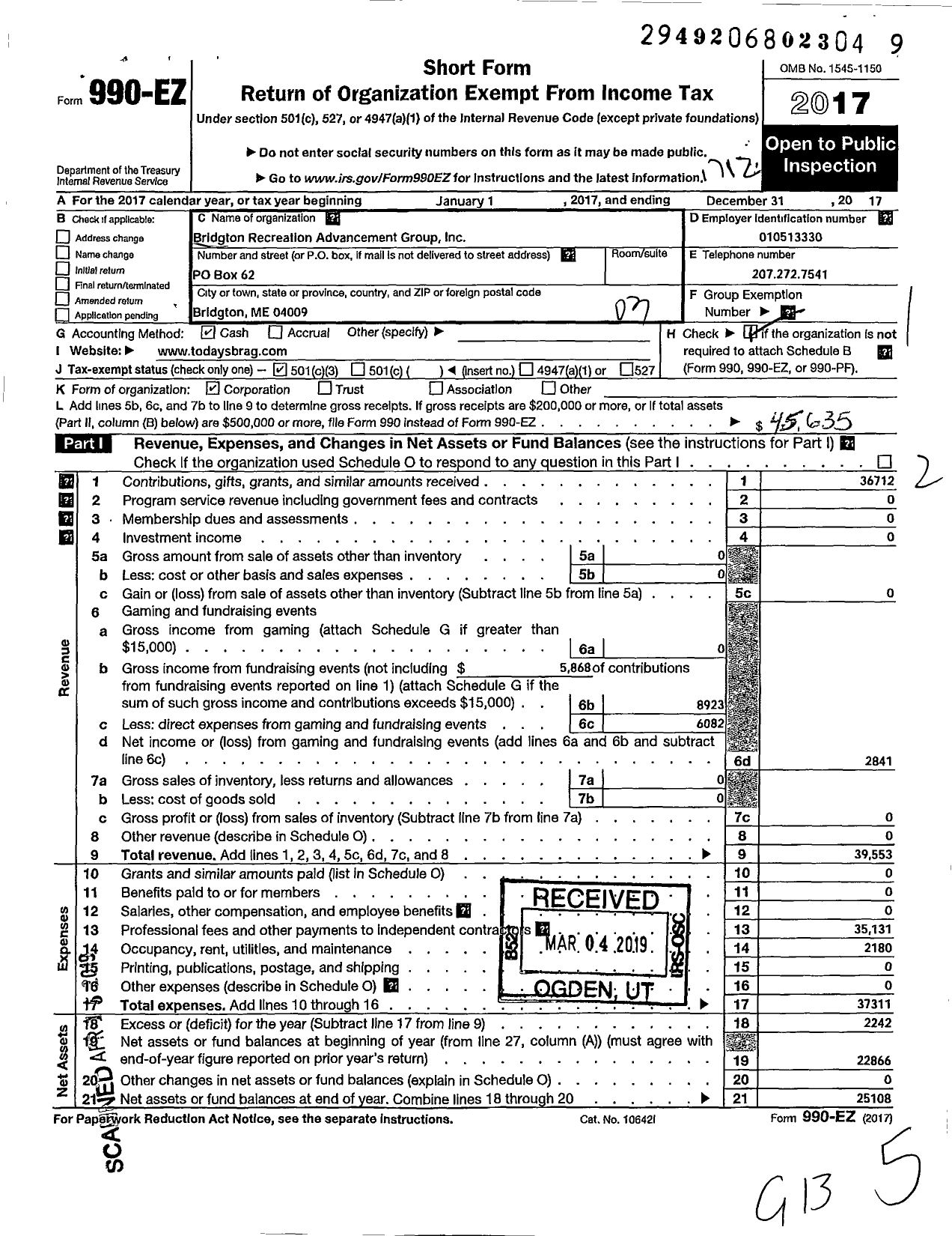 Image of first page of 2017 Form 990EZ for Bridgton Recreational Advancement Group