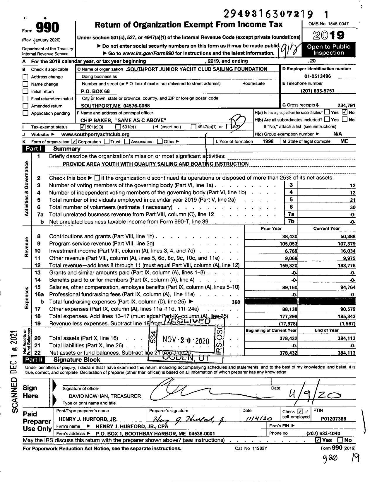 Image of first page of 2019 Form 990 for Southport Junior Yacht Club Sailing Foundation