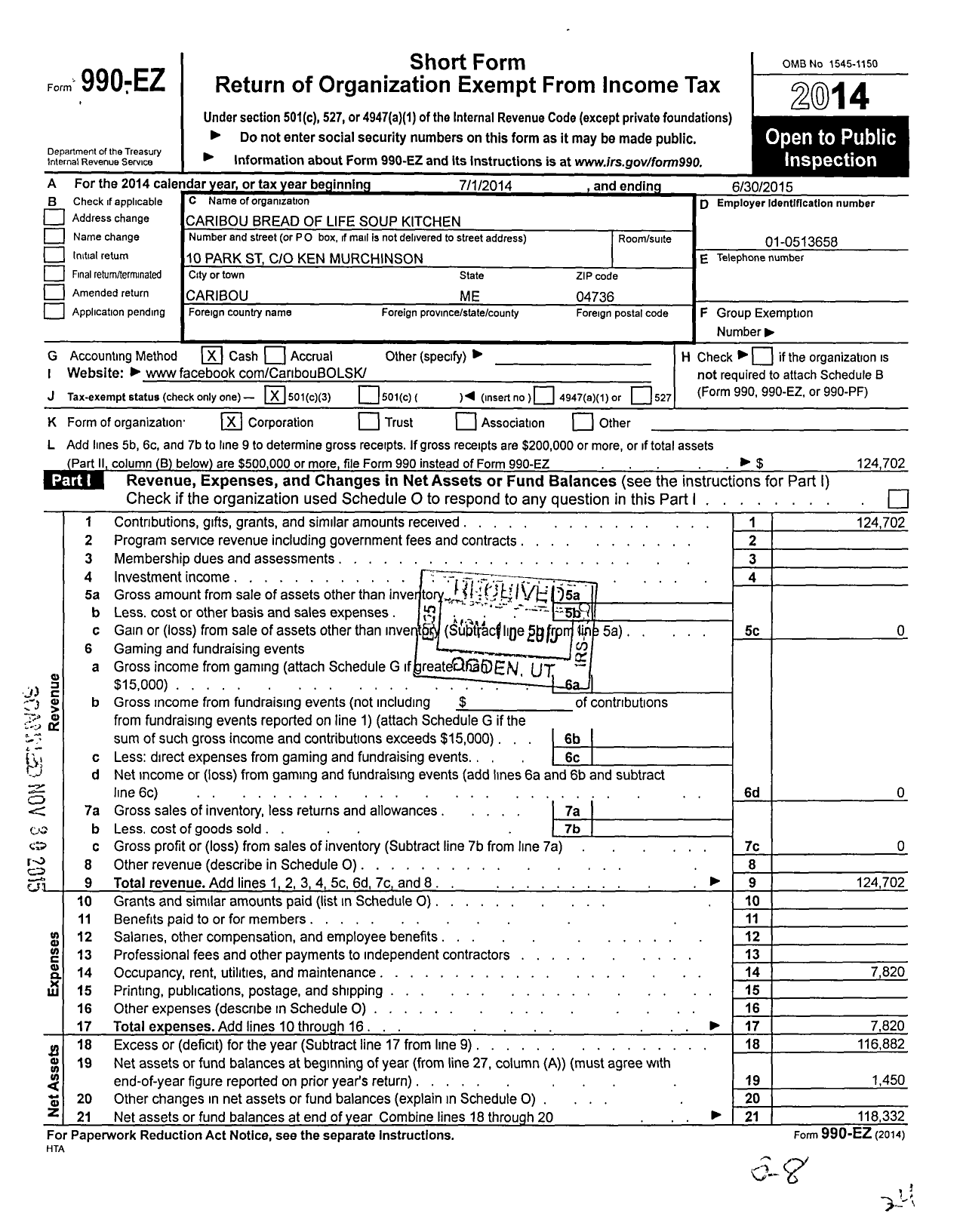 Image of first page of 2014 Form 990EZ for Caribou Bread of Life Soup Kitchen