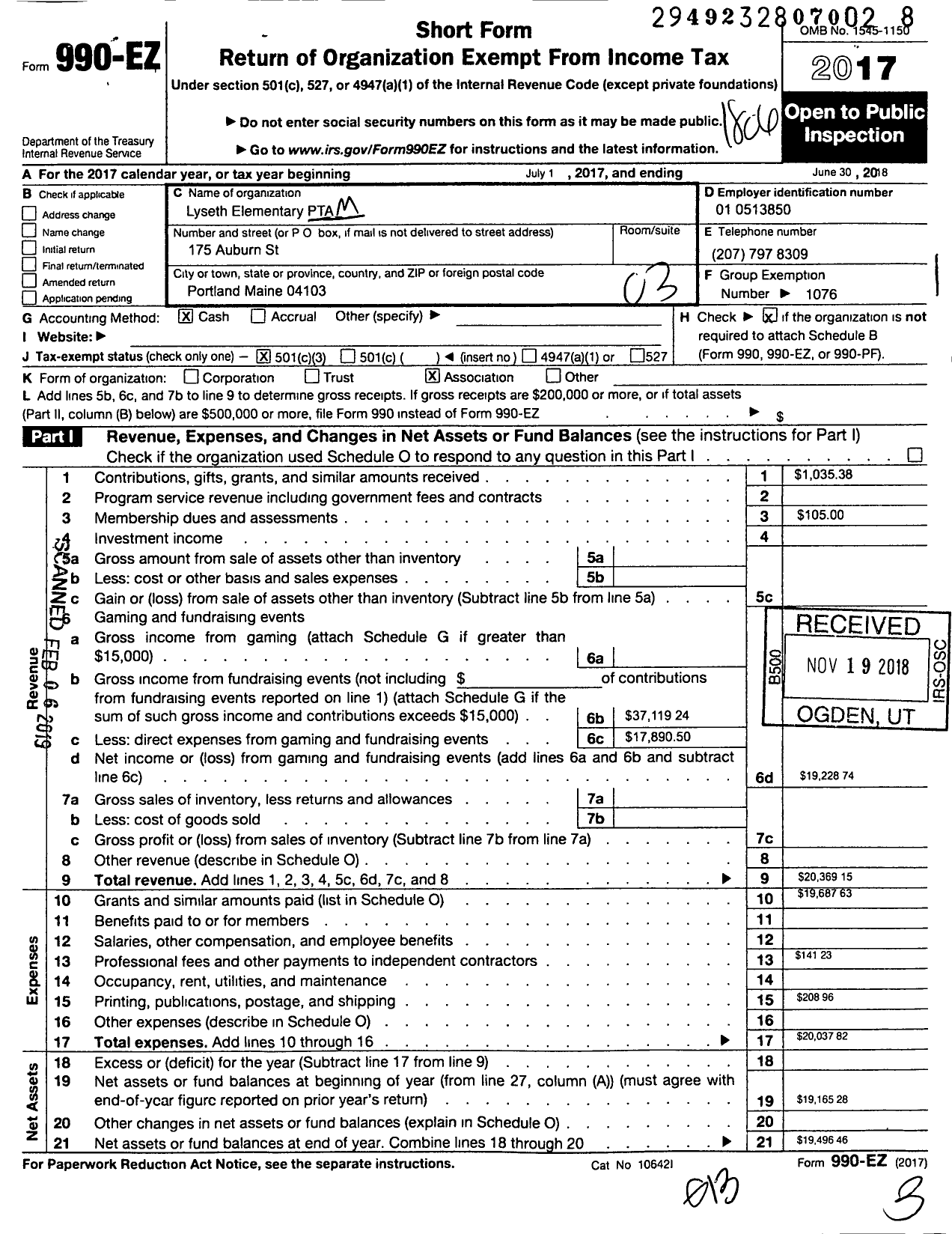 Image of first page of 2017 Form 990EZ for Lyseth PTA