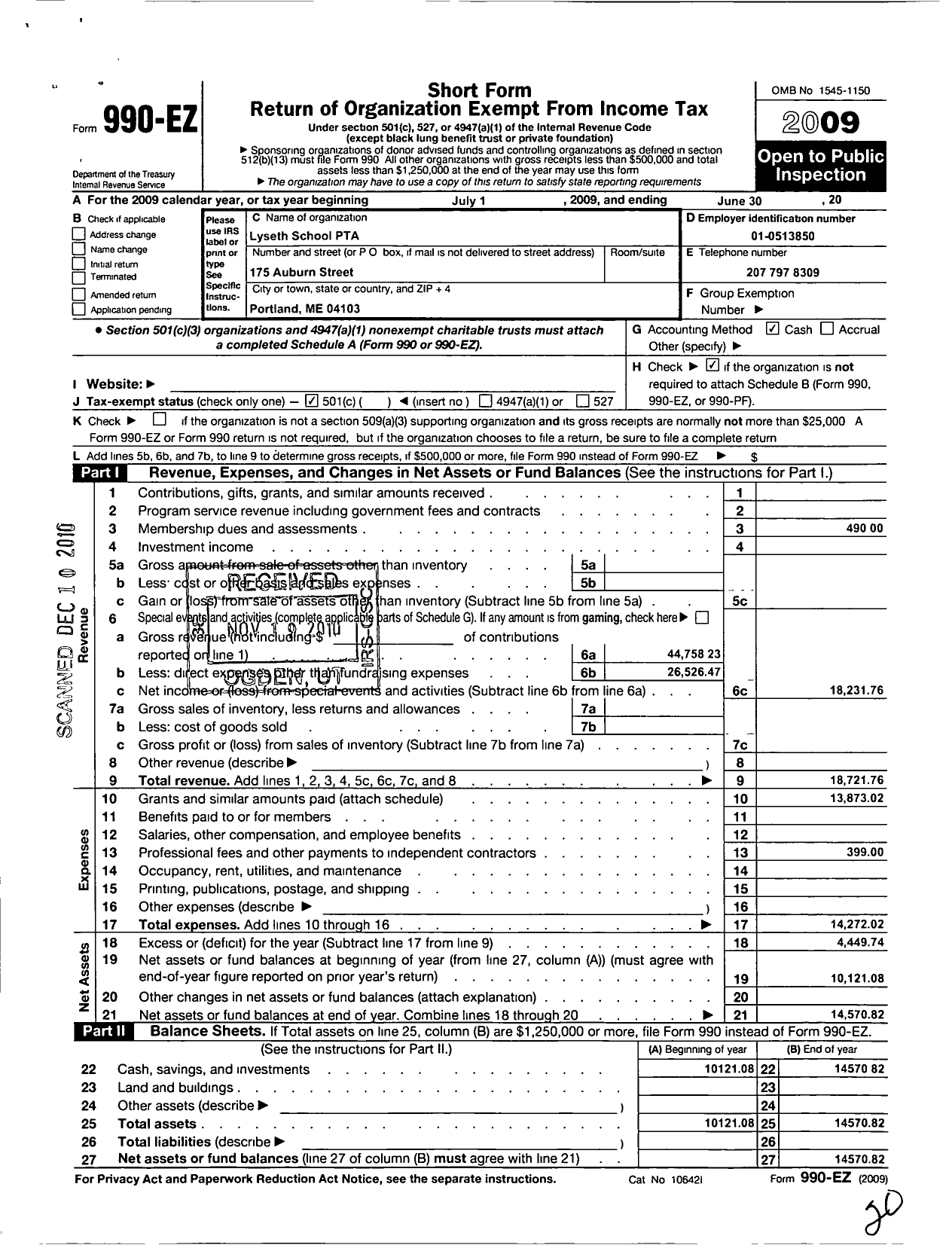 Image of first page of 2008 Form 990EO for Lyseth PTA