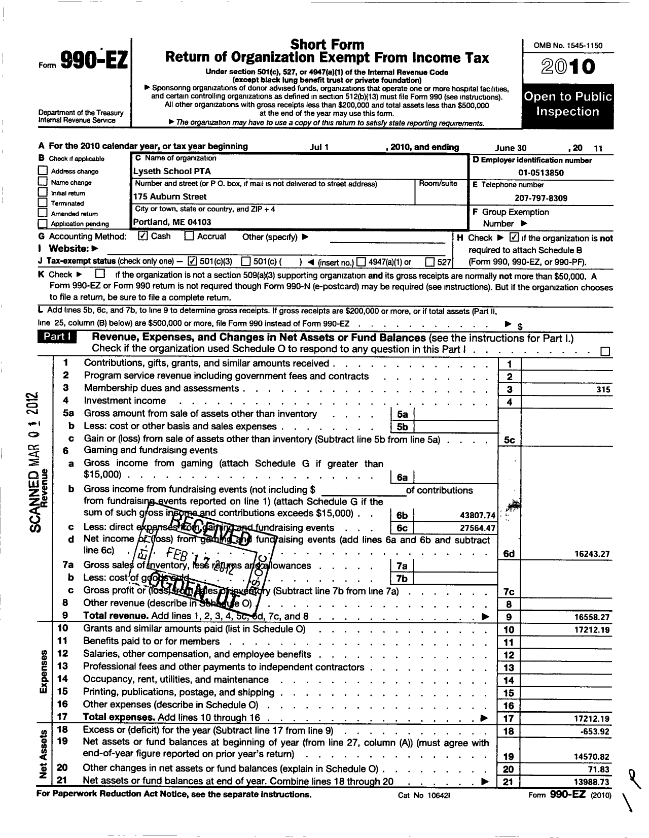 Image of first page of 2010 Form 990EZ for Lyseth PTA