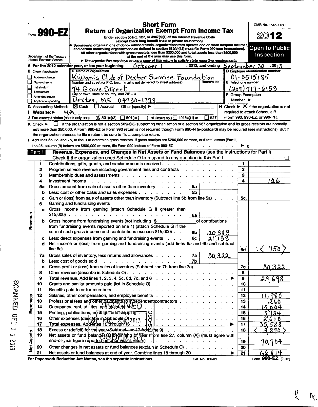 Image of first page of 2012 Form 990EZ for Kiwanis Club of Dexter