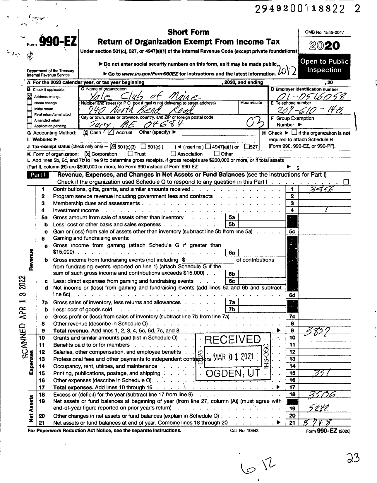 Image of first page of 2020 Form 990EZ for Yale Club of Maine