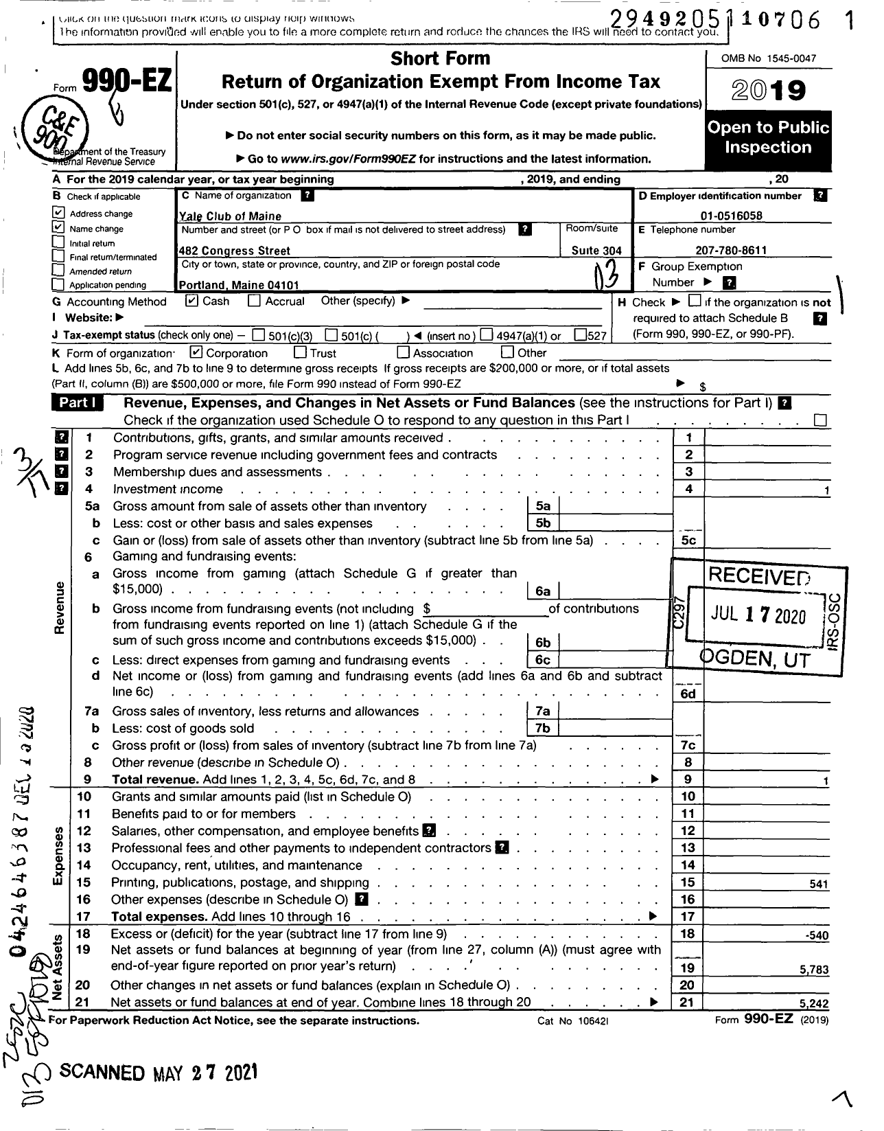 Image of first page of 2019 Form 990EZ for Yale Club of Maine