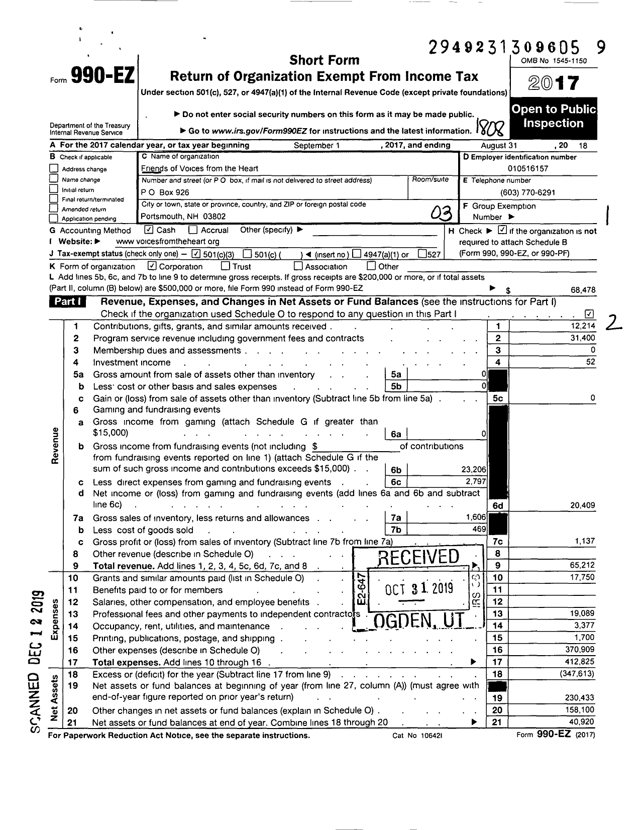 Image of first page of 2017 Form 990EZ for Friends of Voices From the Heart