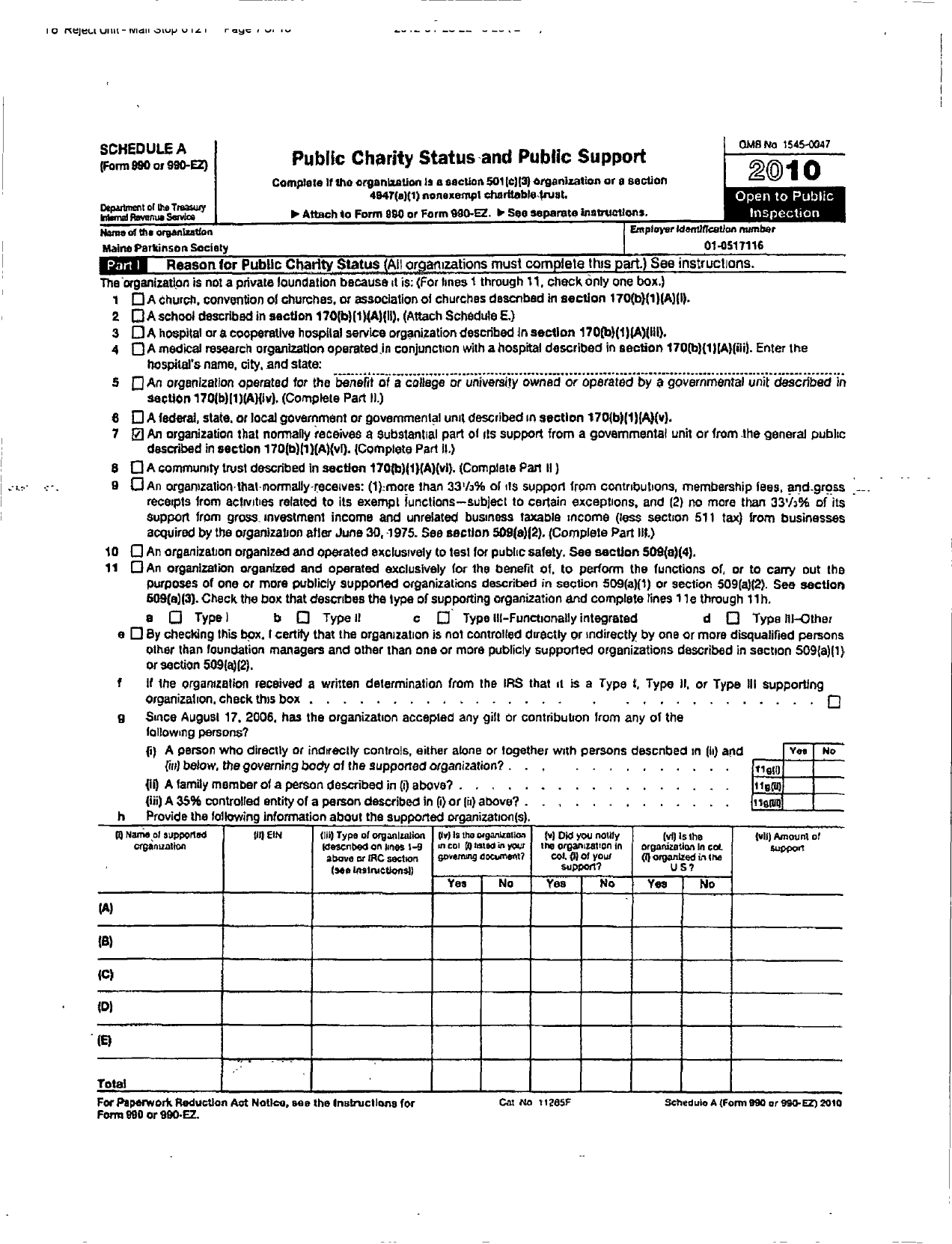 Image of first page of 2010 Form 990ER for Maine Parkinson Society