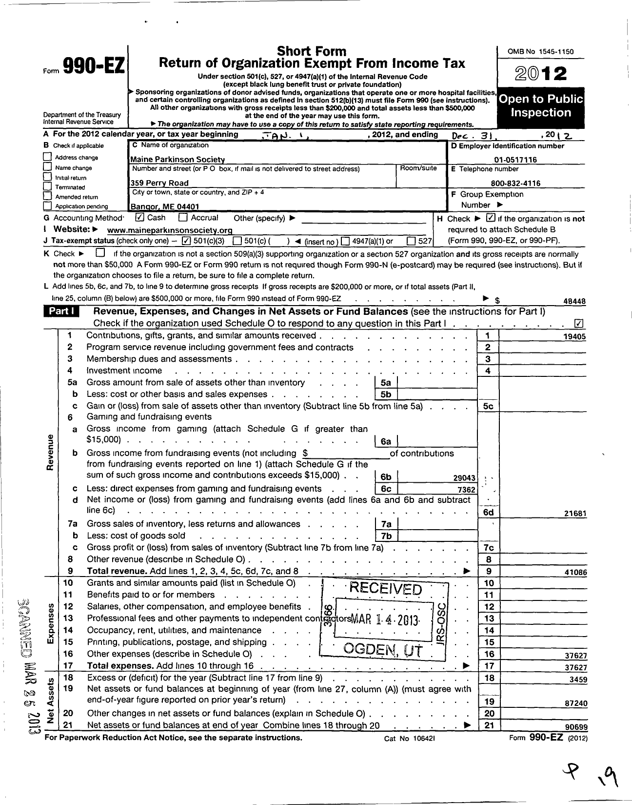 Image of first page of 2012 Form 990EZ for Maine Parkinson Society