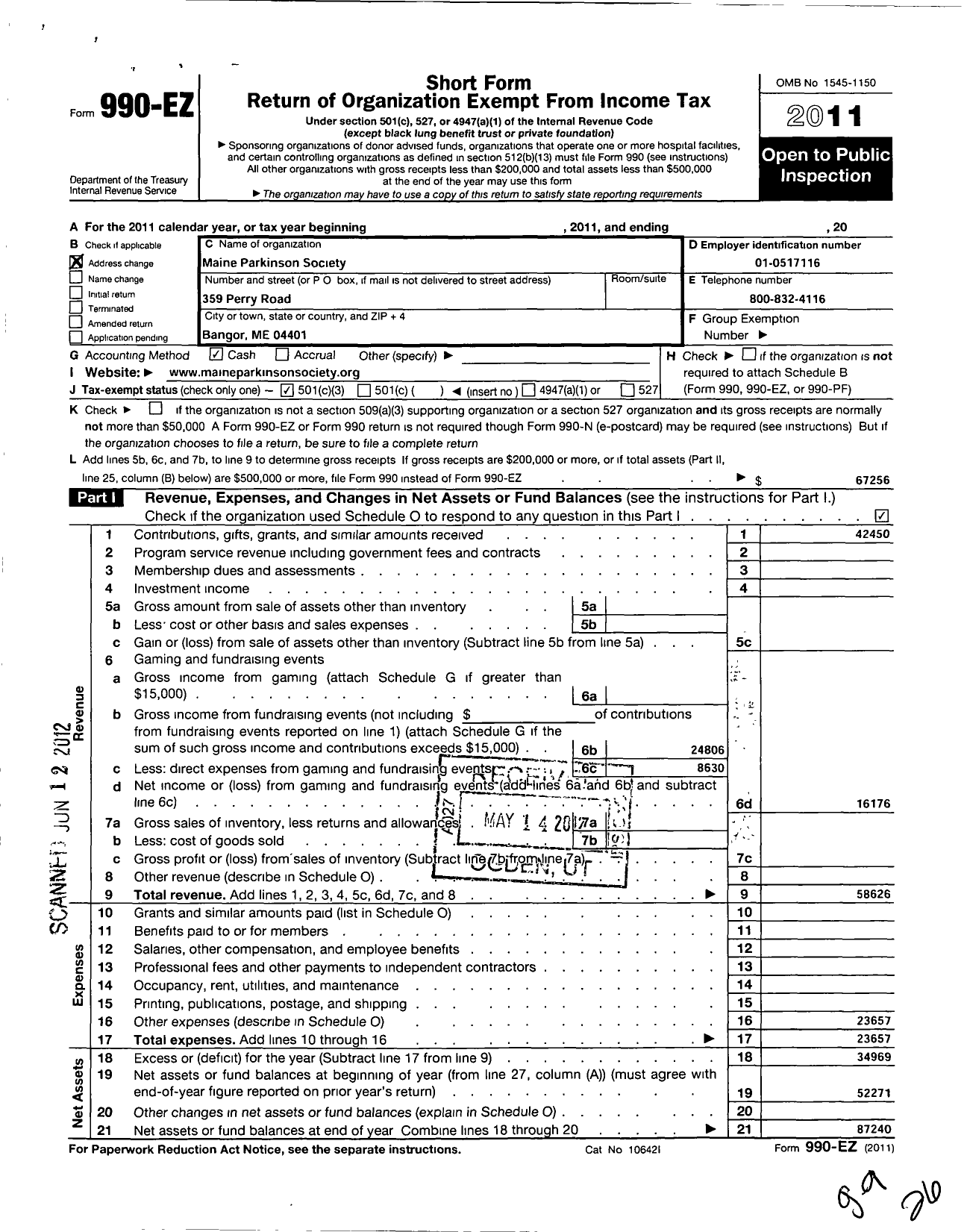 Image of first page of 2011 Form 990EZ for Maine Parkinson Society