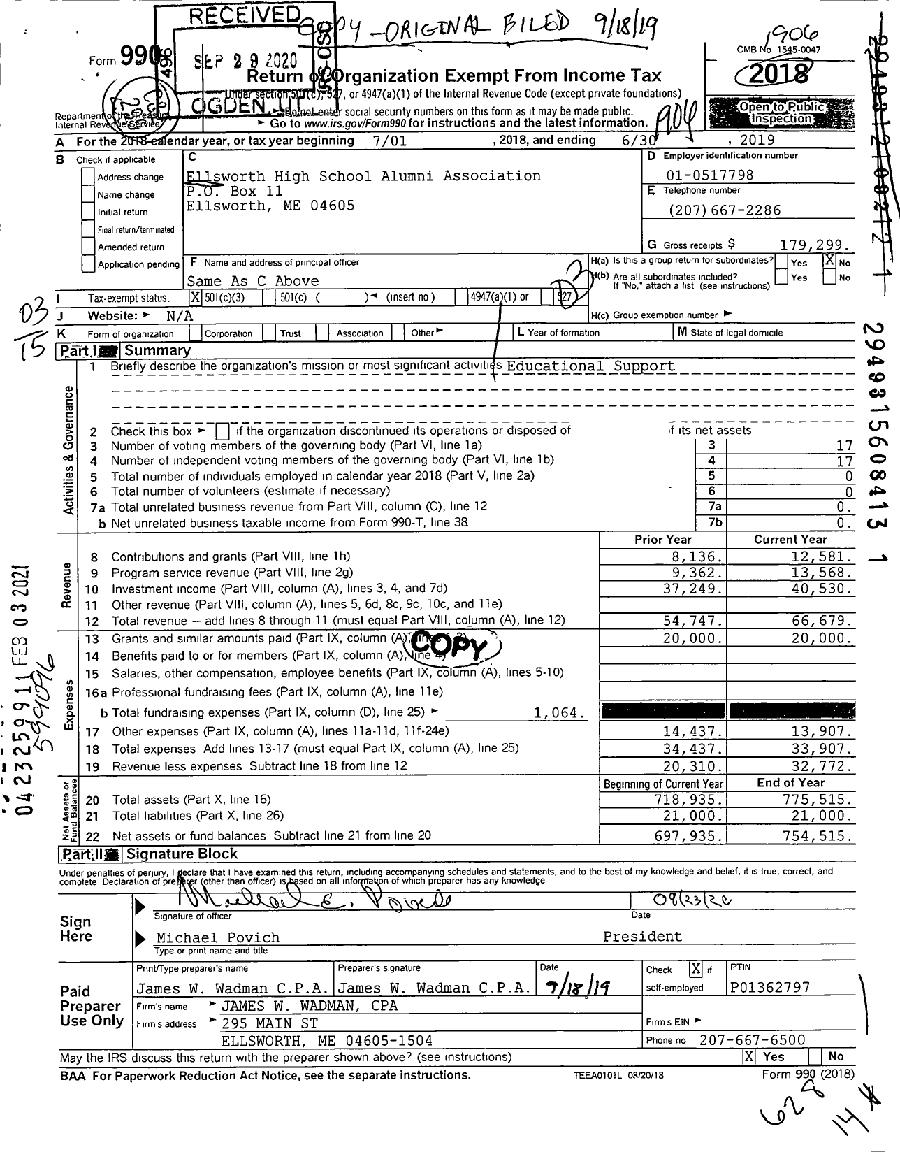 Image of first page of 2018 Form 990 for Ellsworth High School Alumni Association