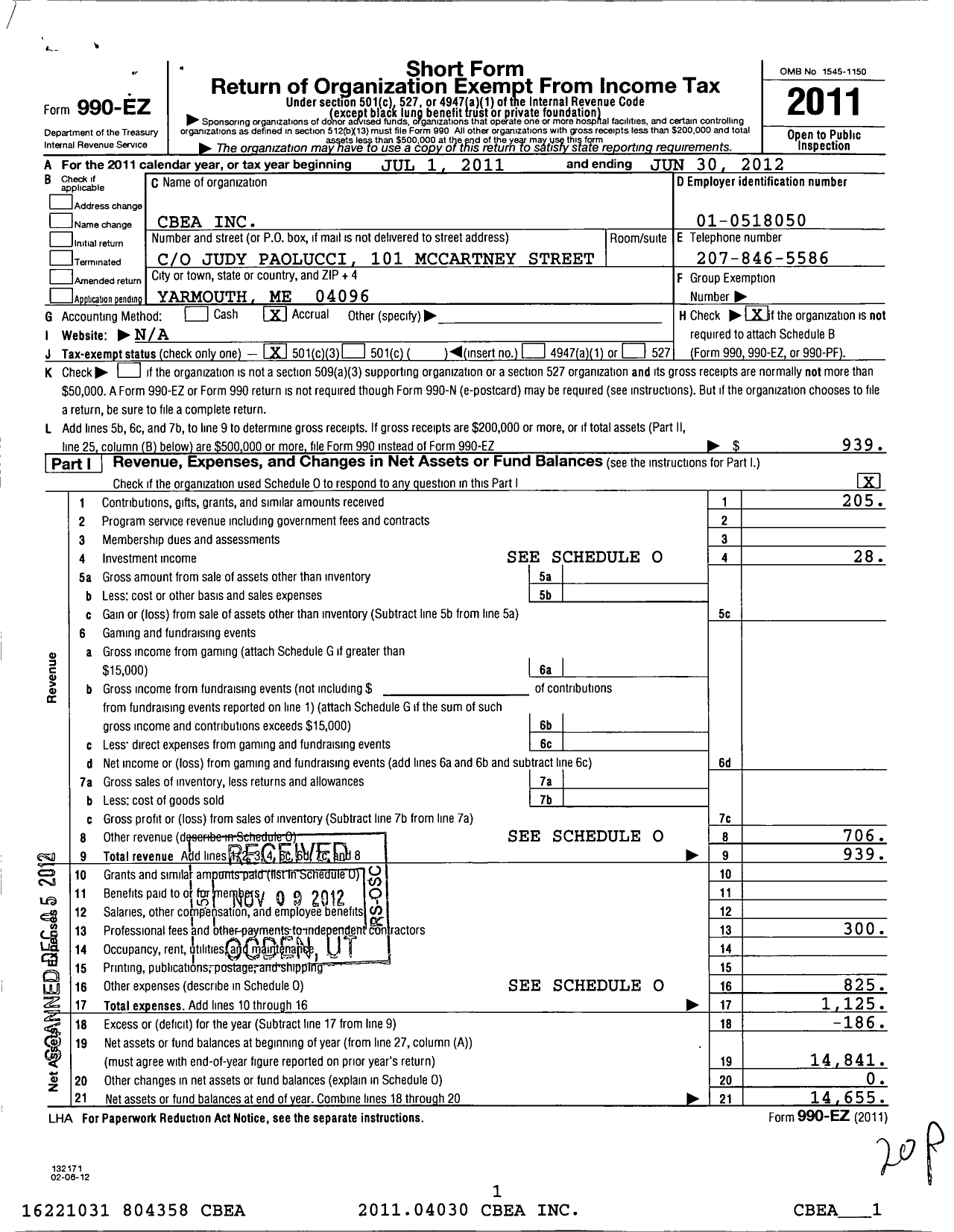 Image of first page of 2011 Form 990EZ for Cbea