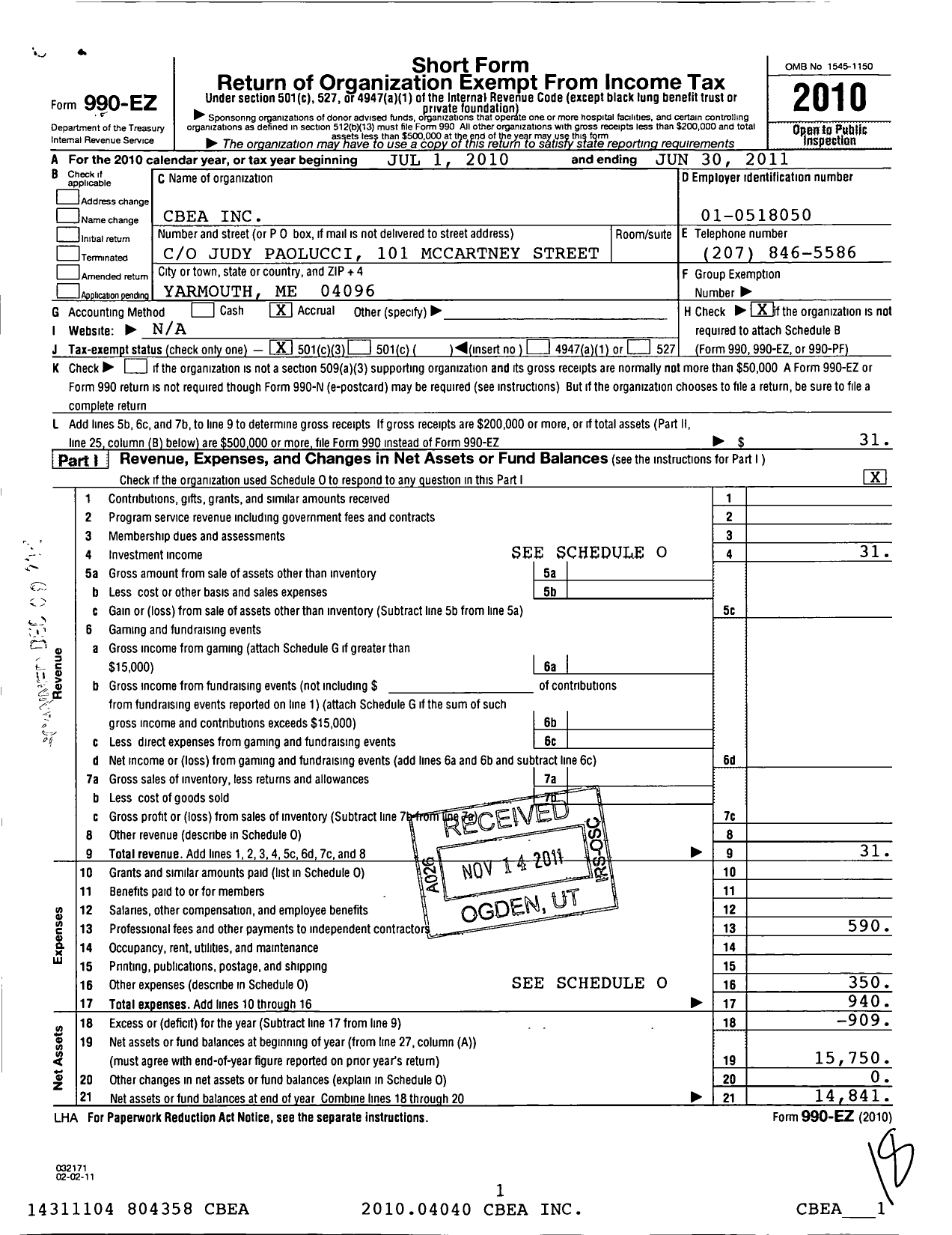 Image of first page of 2010 Form 990EZ for Cbea