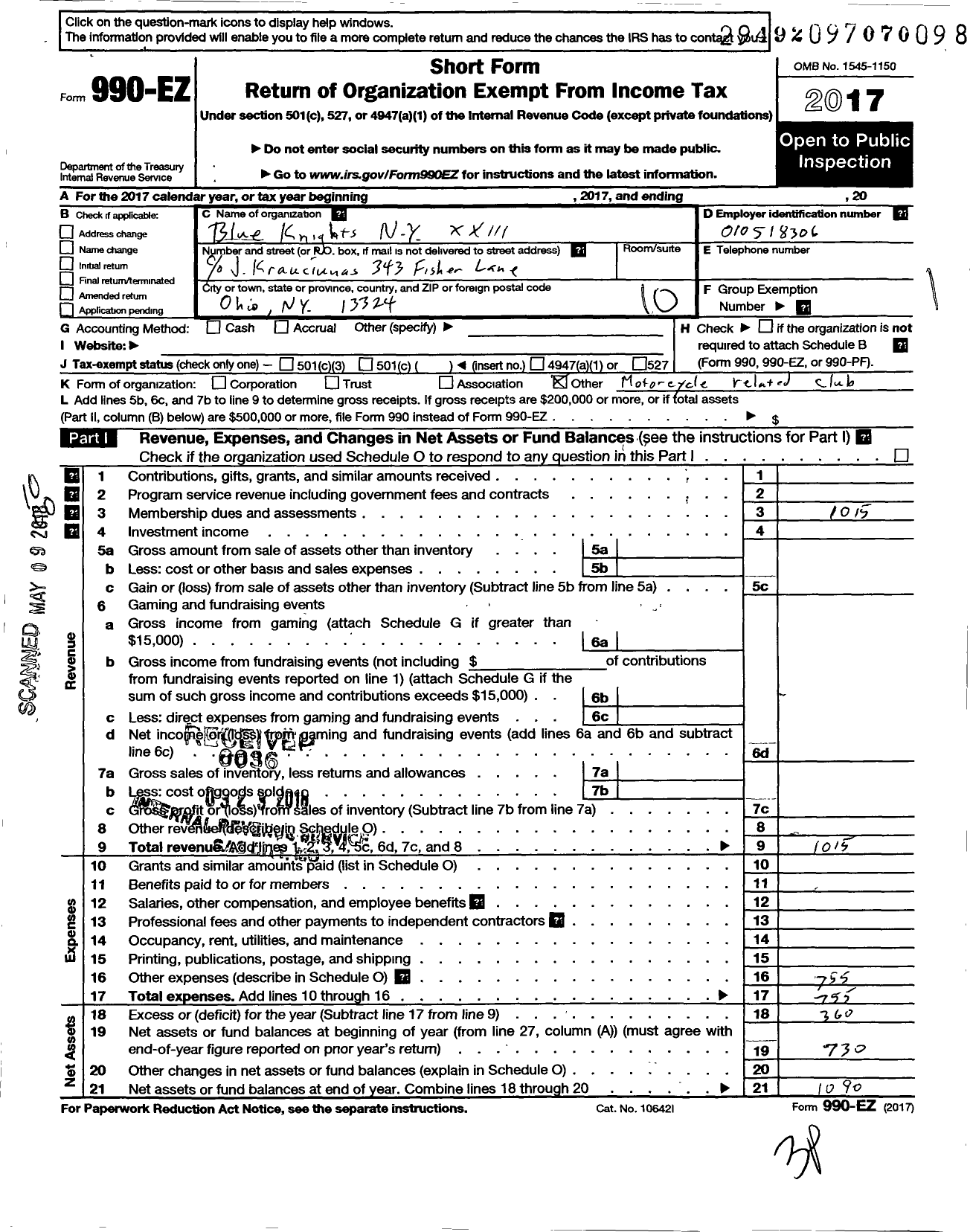 Image of first page of 2017 Form 990EO for Blue Knights Motorcycle Club / Ny Xxiii