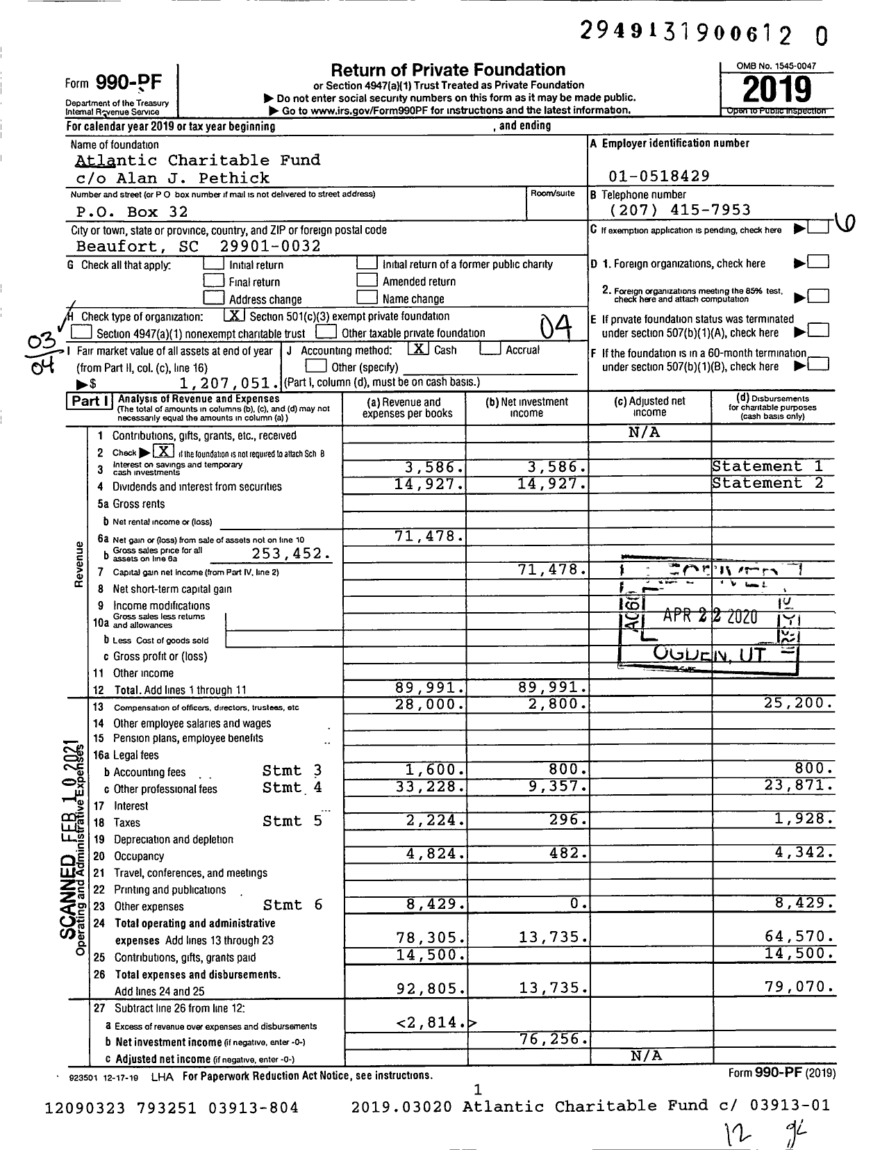 Image of first page of 2019 Form 990PF for Atlantic Charitable Fund
