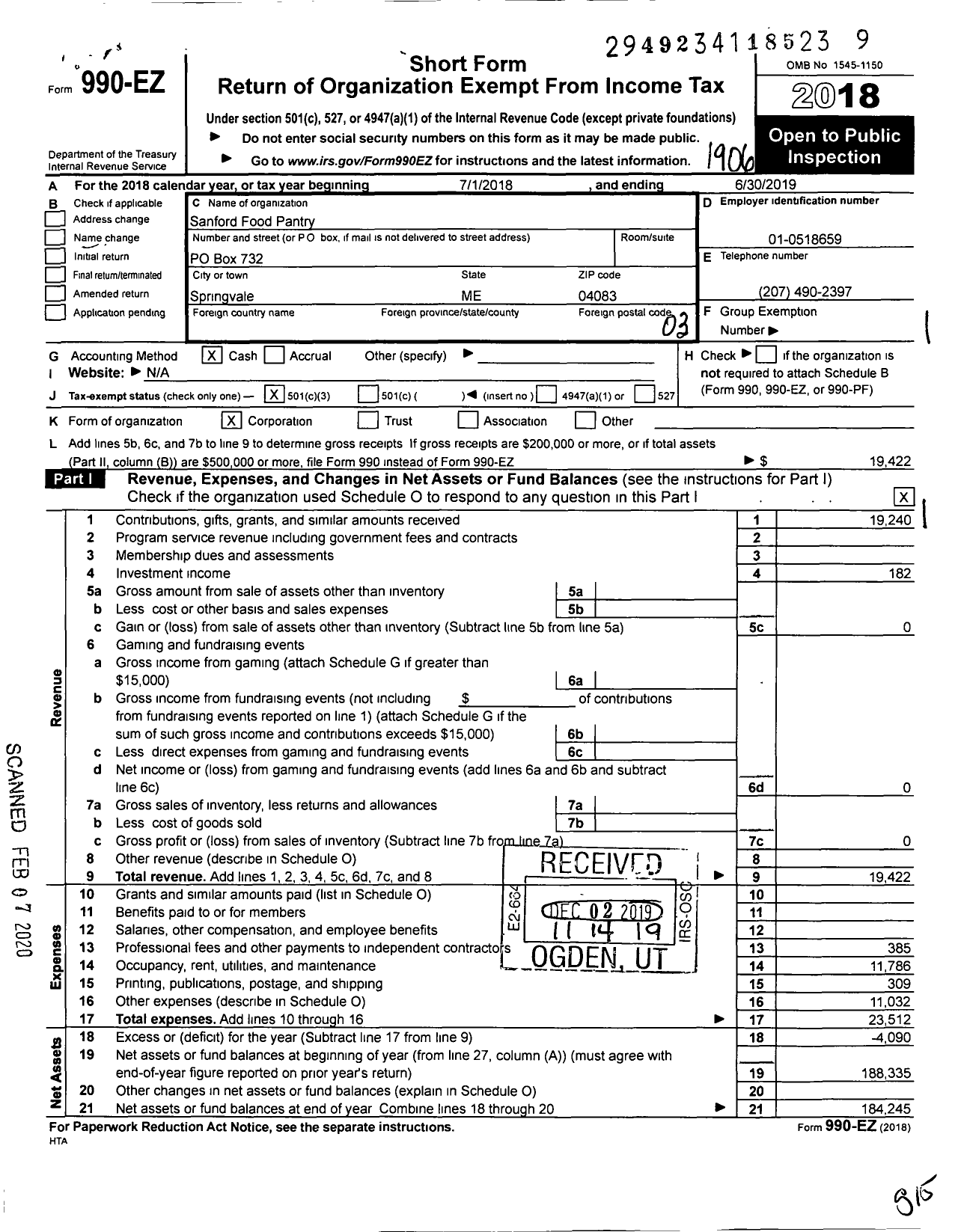 Image of first page of 2018 Form 990EZ for Sanford Food Pantry