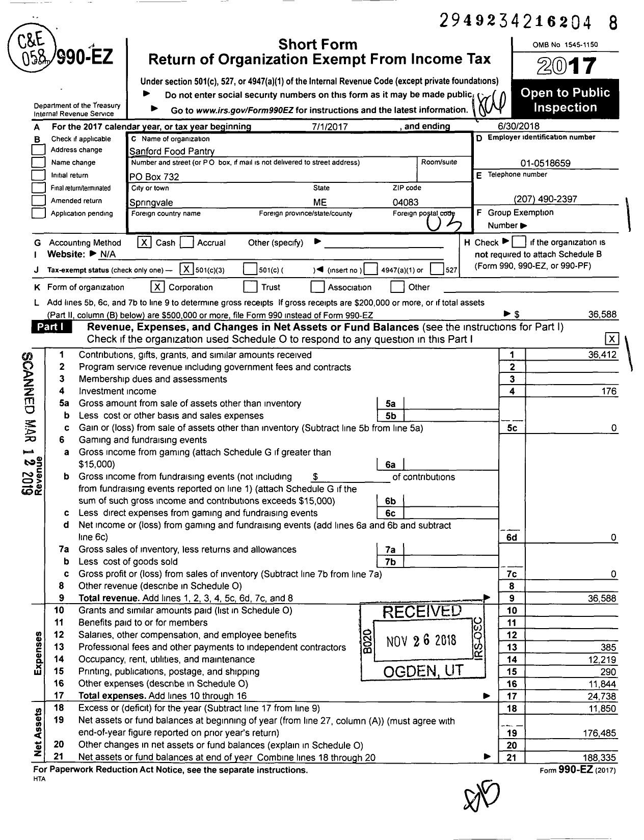 Image of first page of 2017 Form 990EZ for Sanford Food Pantry