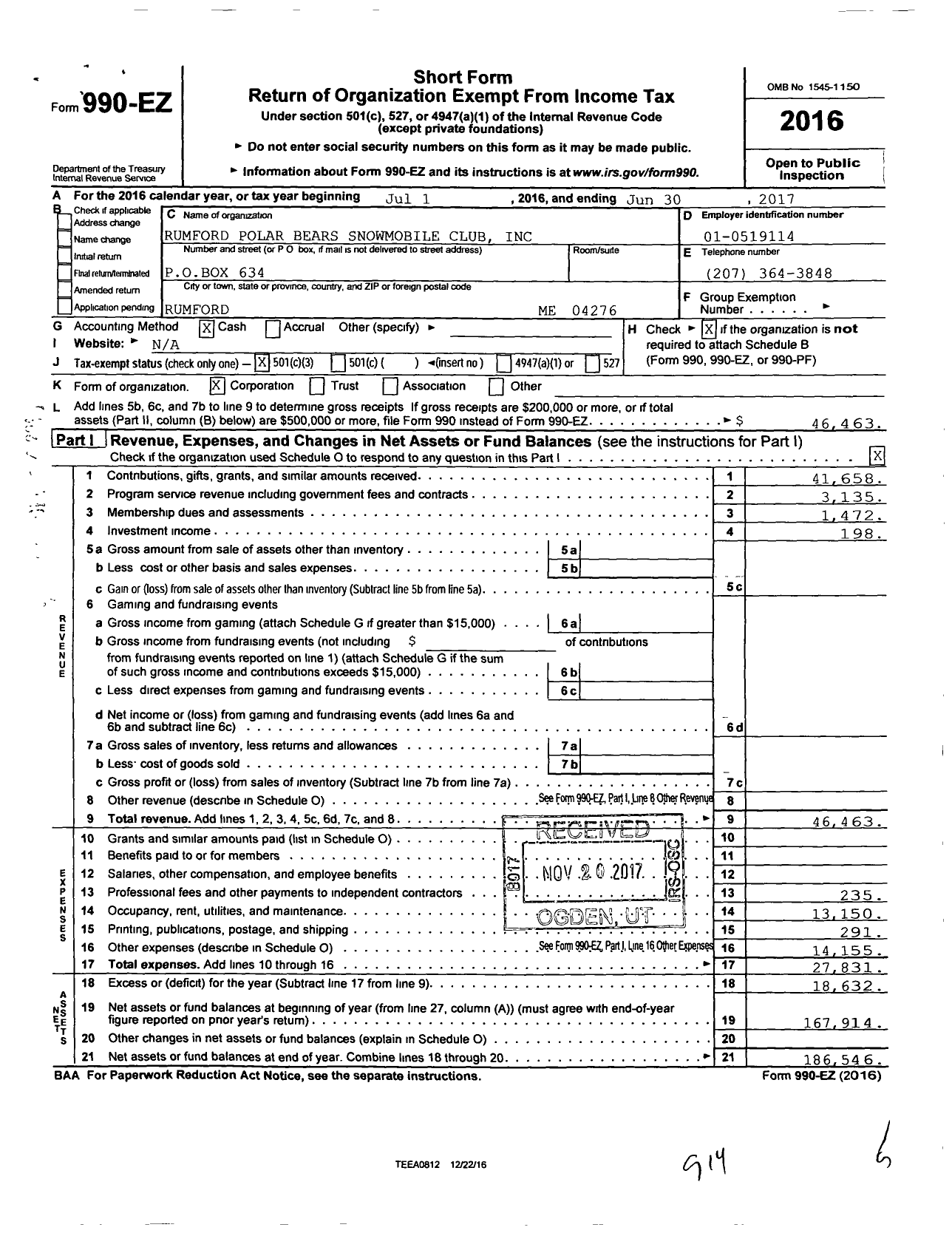 Image of first page of 2016 Form 990EZ for Rumford Polar Bears Snowmobile Club