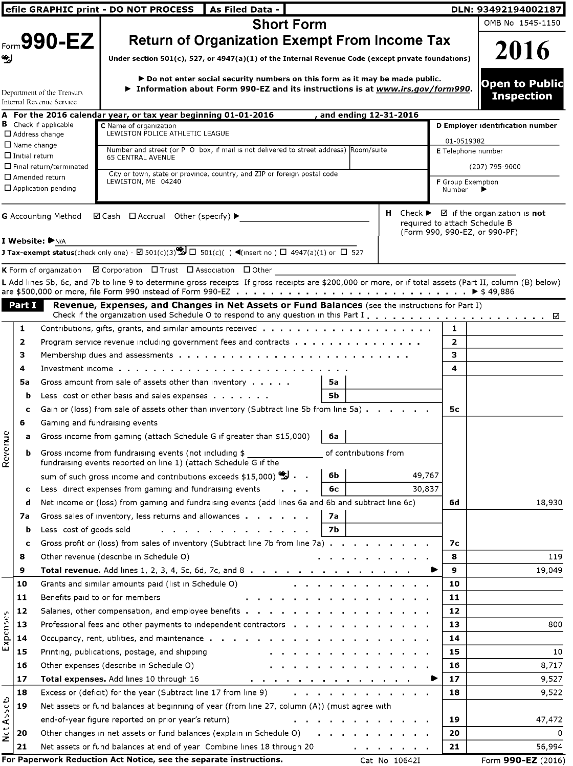 Image of first page of 2016 Form 990EZ for Lewiston Police Athletic League