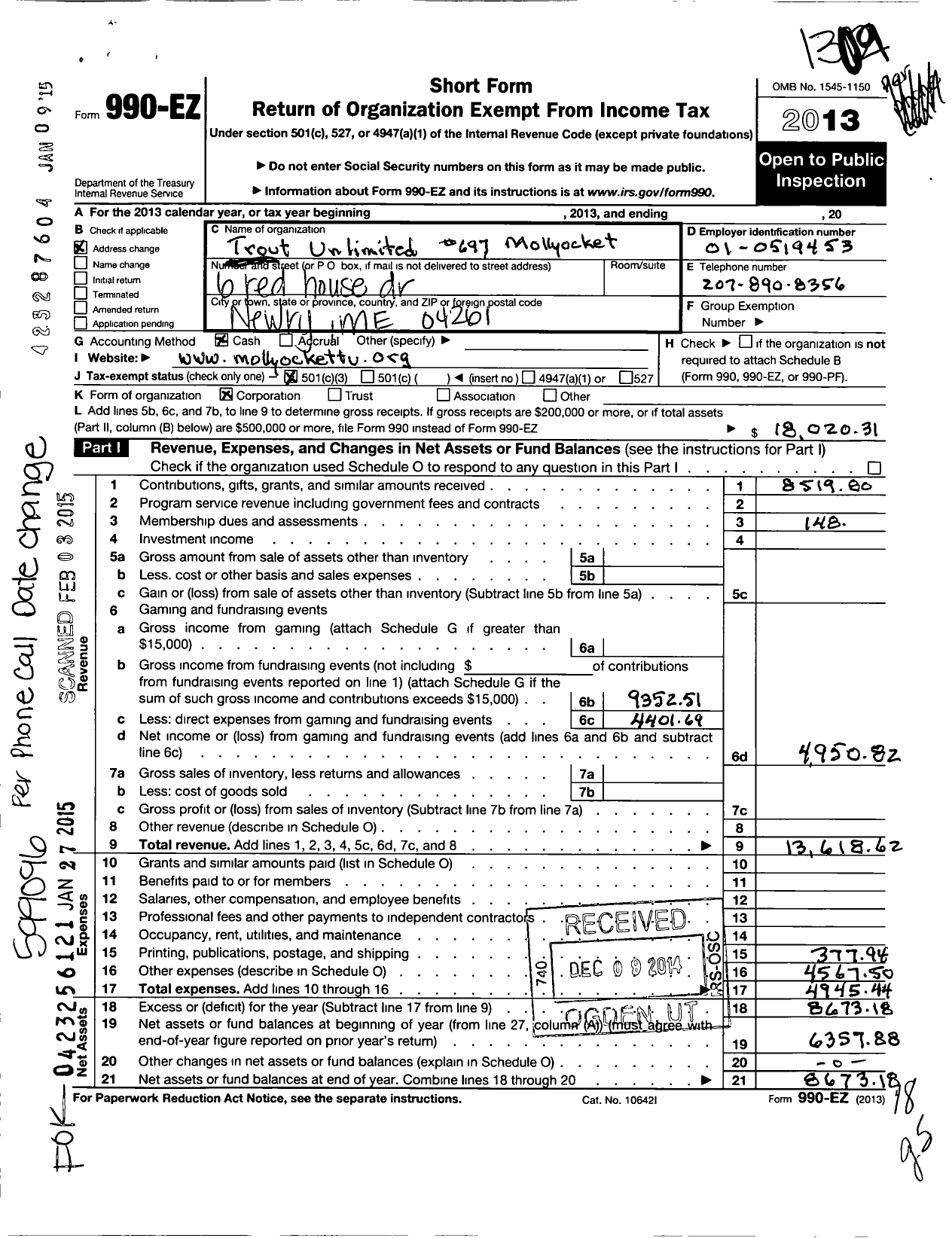 Image of first page of 2012 Form 990EZ for Trout Unlimited - 697 Mollockett