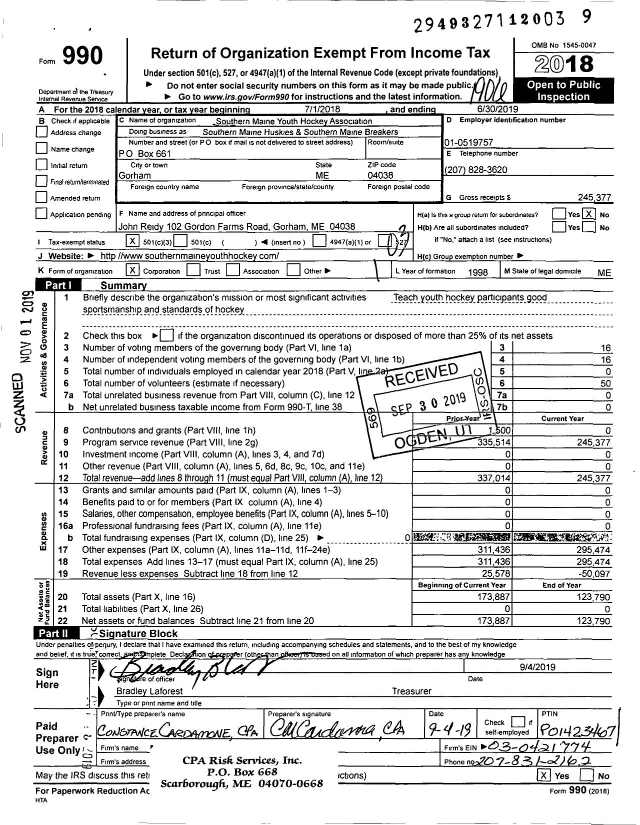 Image of first page of 2018 Form 990 for Southern Maine Youth Hockey Association