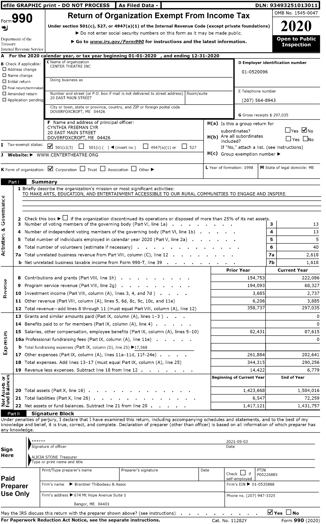 Image of first page of 2020 Form 990 for Center Theatre