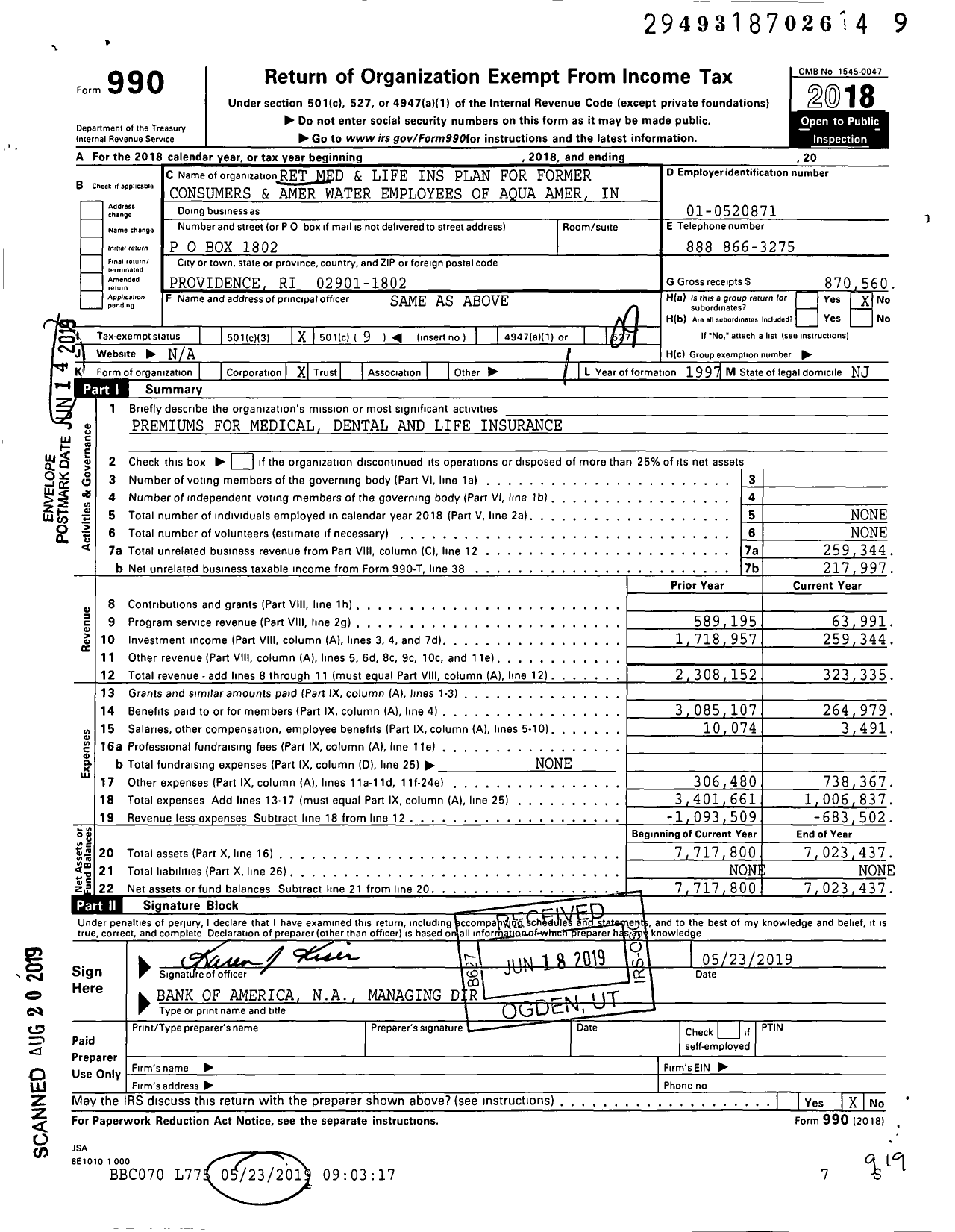 Image of first page of 2018 Form 990O for Retiree Med and Life Ins Plan for Former Consumers and Amer Water Employees