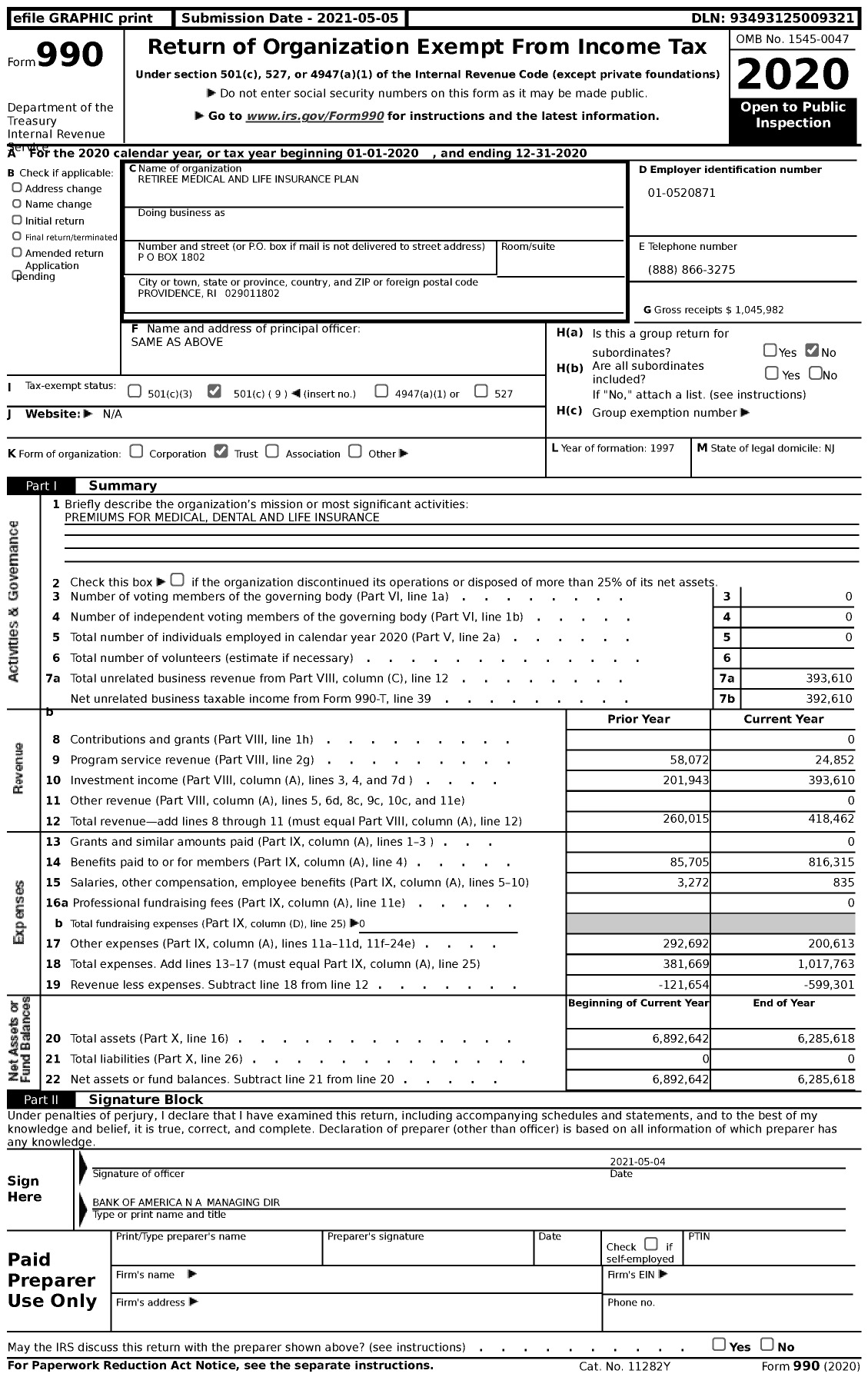 Image of first page of 2020 Form 990 for Retiree Med and Life Ins Plan for Former Consumers and Amer Water Employees