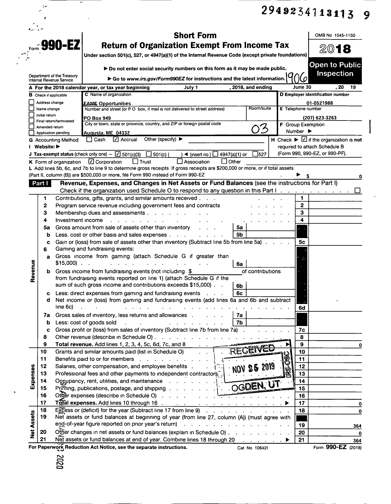 Image of first page of 2018 Form 990EZ for FAME Opportunities