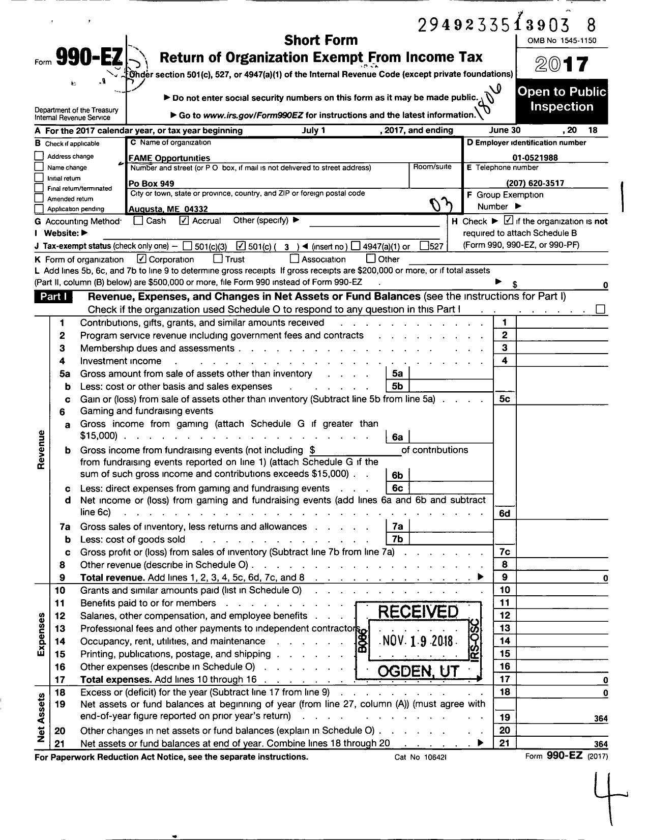 Image of first page of 2017 Form 990EZ for FAME Opportunities