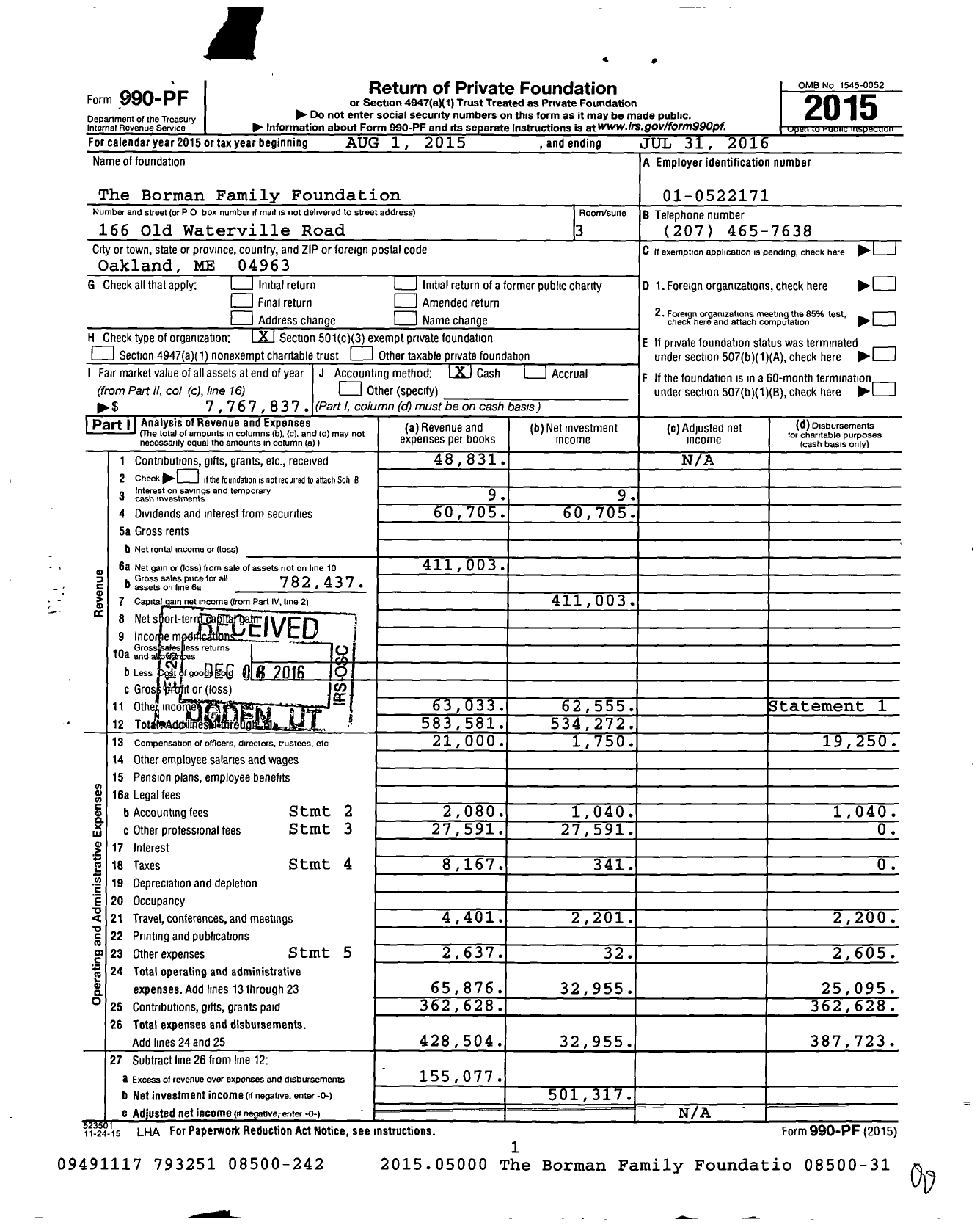 Image of first page of 2015 Form 990PF for The Borman Family Foundation