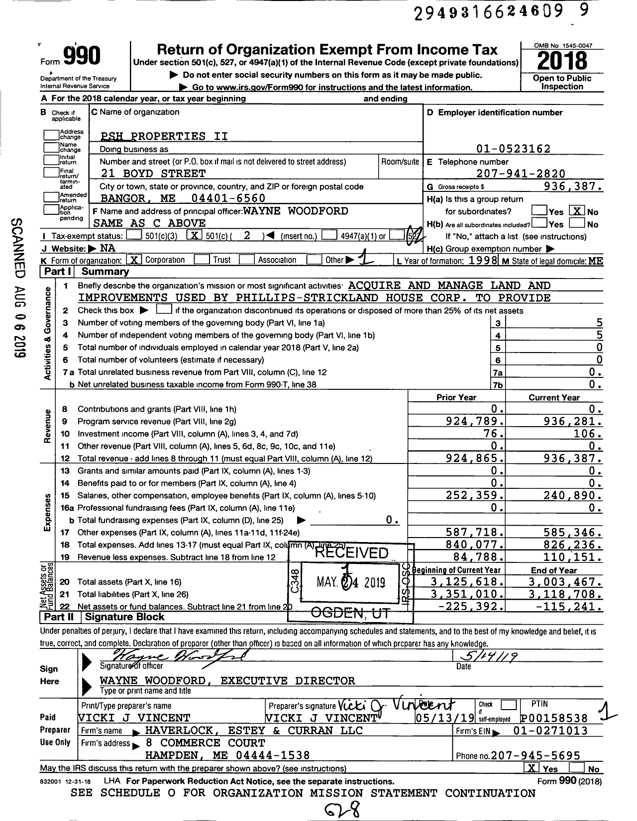 Image of first page of 2018 Form 990O for PSH Properties Ii