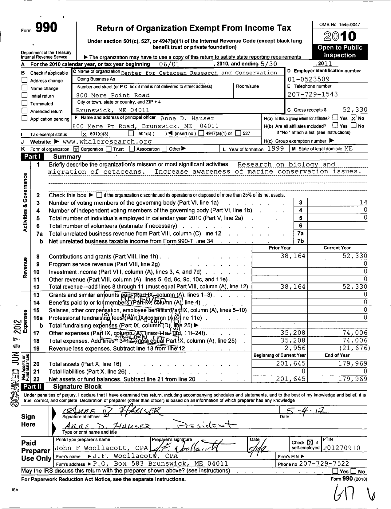 Image of first page of 2010 Form 990 for Center for Cetacean Research and Conservation