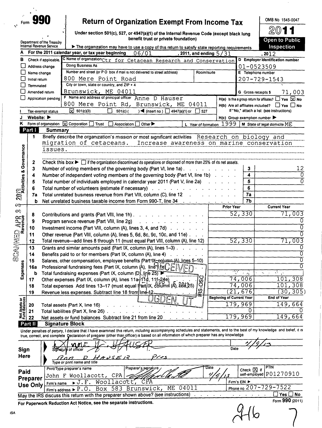 Image of first page of 2011 Form 990 for Center for Cetacean Research and Conservation