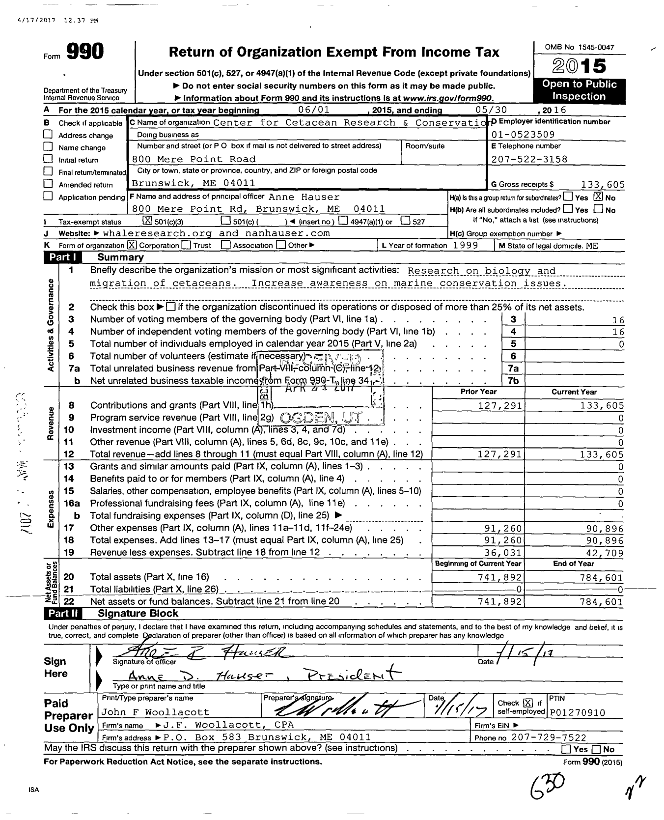 Image of first page of 2015 Form 990 for Center for Cetacean Research and Conservation