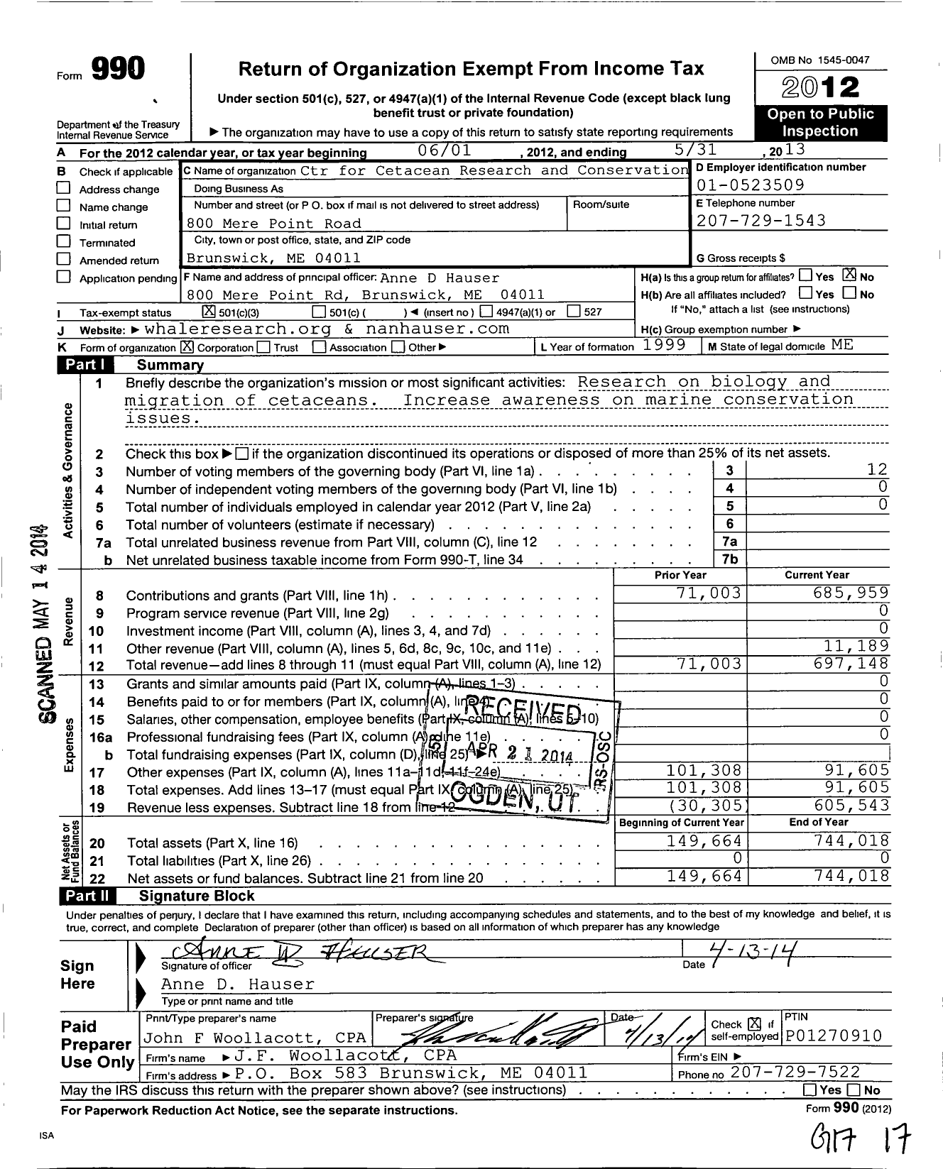 Image of first page of 2012 Form 990 for Center for Cetacean Research and Conservation