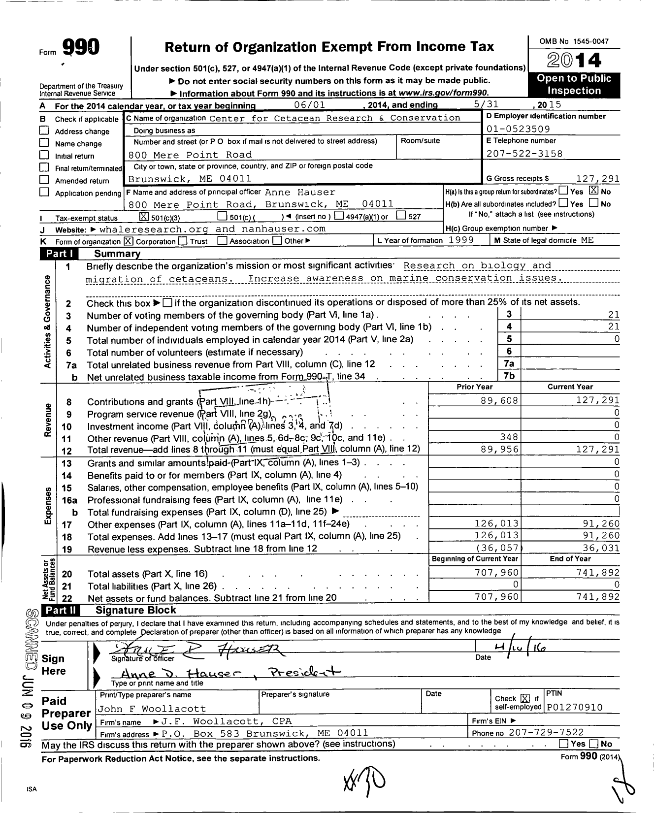 Image of first page of 2014 Form 990 for Center for Cetacean Research and Conservation