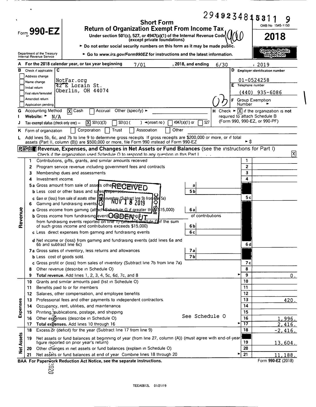 Image of first page of 2018 Form 990EZ for Notfar Org