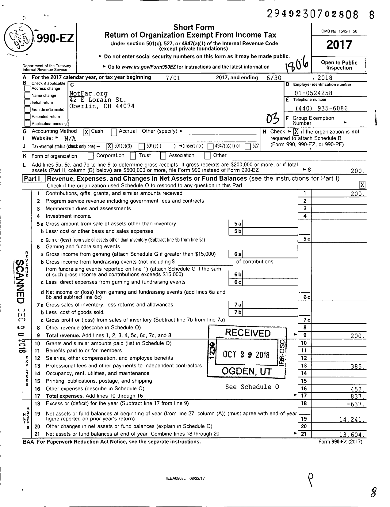 Image of first page of 2017 Form 990EZ for Notfar Org