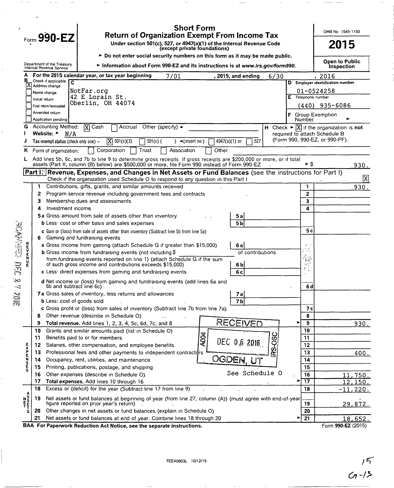 Image of first page of 2015 Form 990EZ for Notfar Org