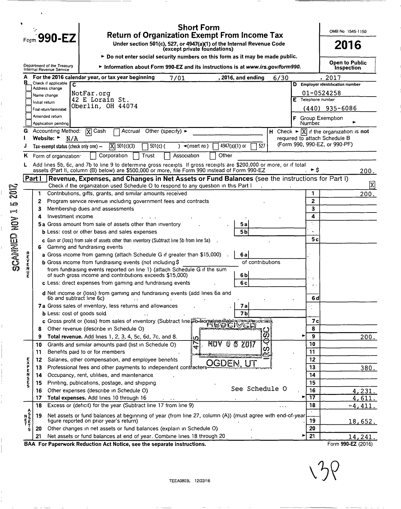 Image of first page of 2016 Form 990EZ for Notfar Org