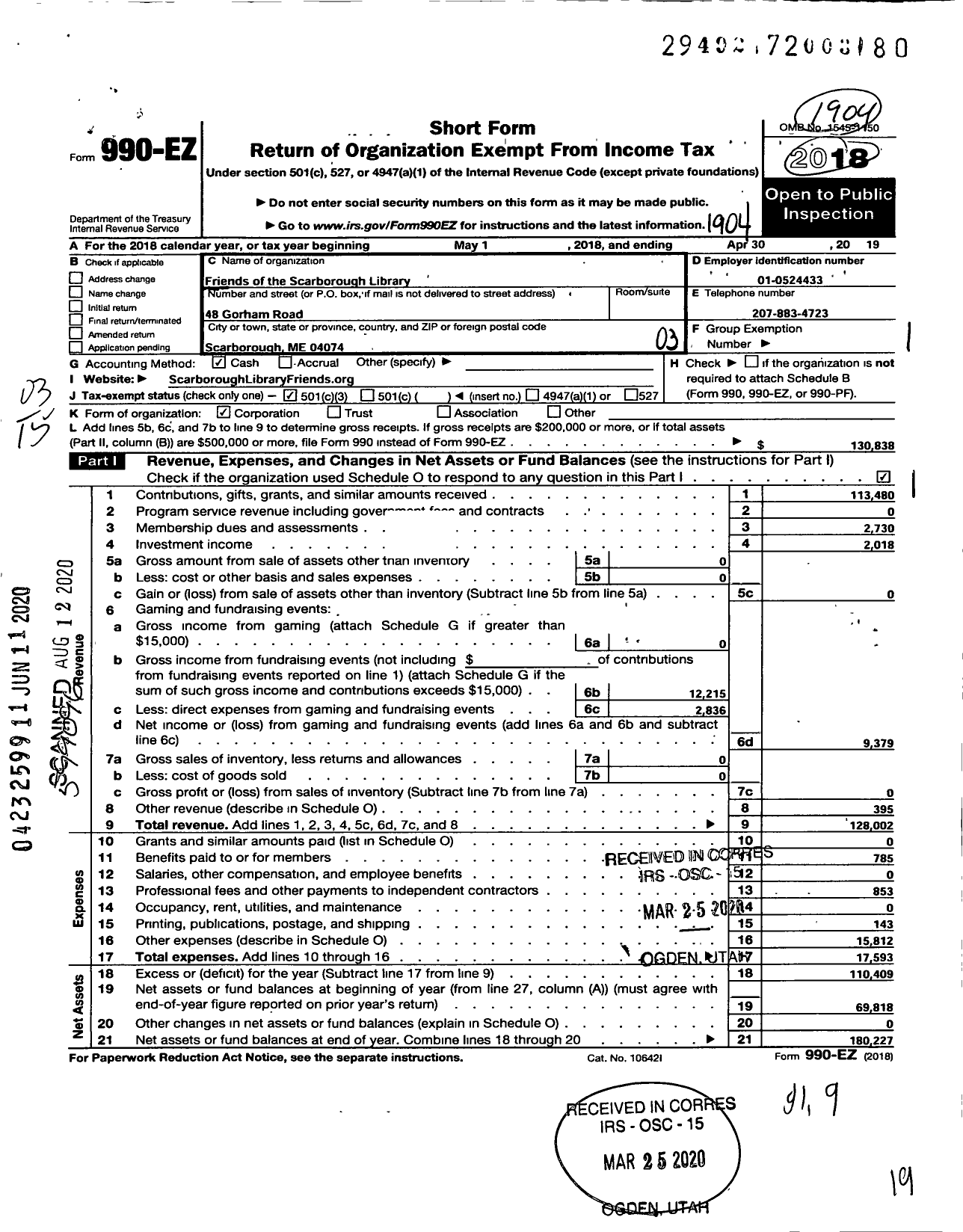 Image of first page of 2018 Form 990EZ for Friends of the Scarborough Library