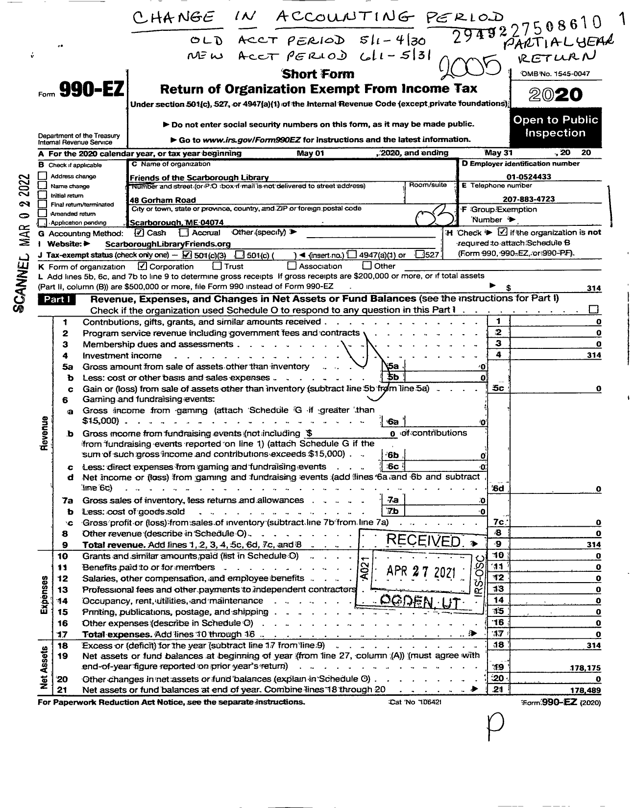 Image of first page of 2019 Form 990EZ for Friends of the Scarborough Library