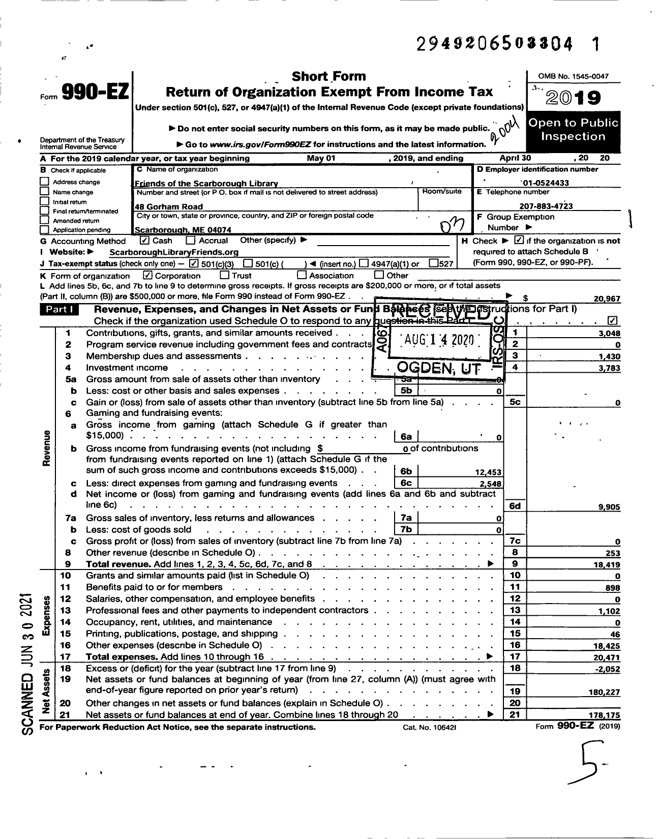 Image of first page of 2019 Form 990EZ for Friends of the Scarborough Library