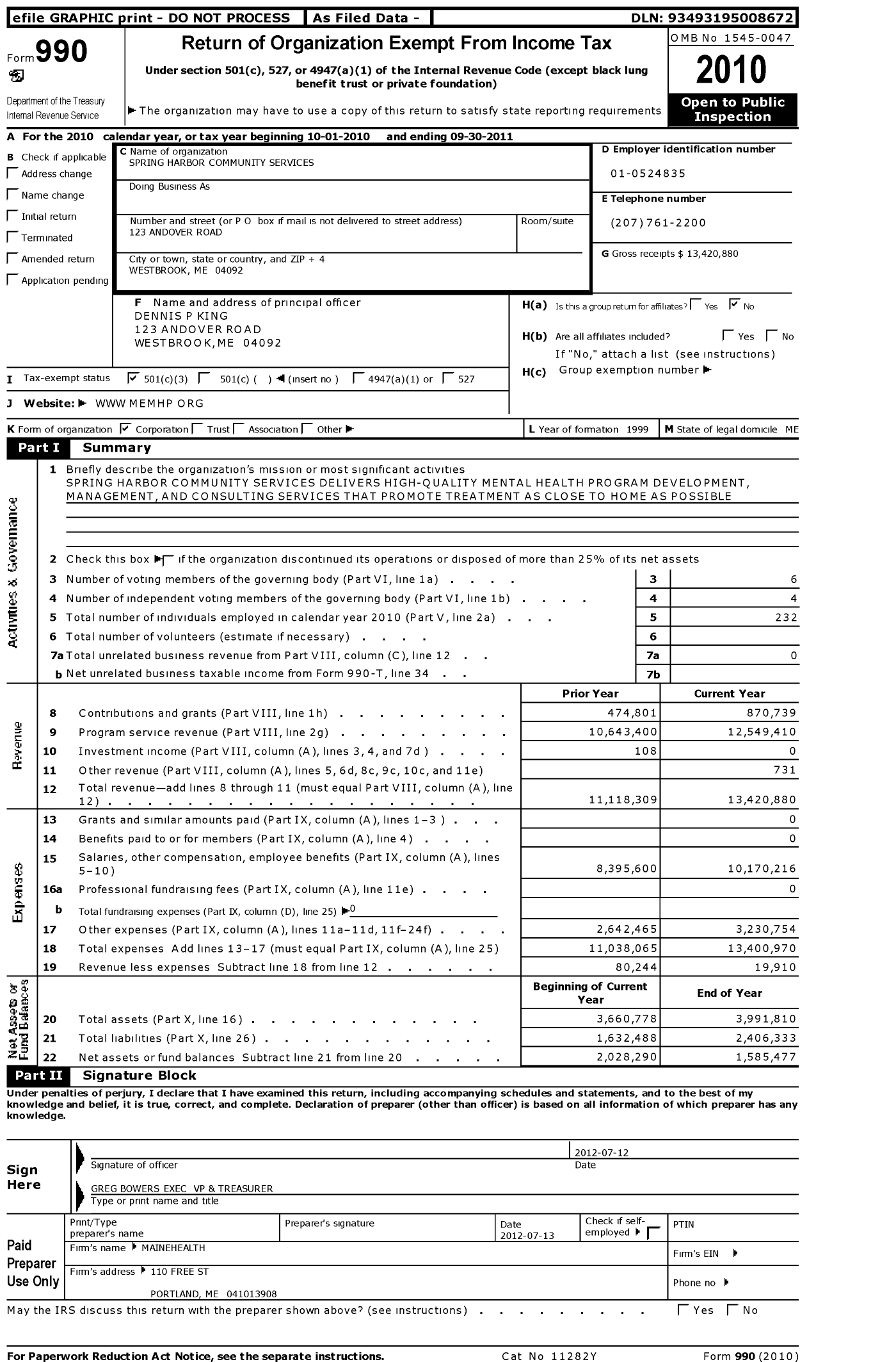 Image of first page of 2010 Form 990 for Spring Harbor Community Services