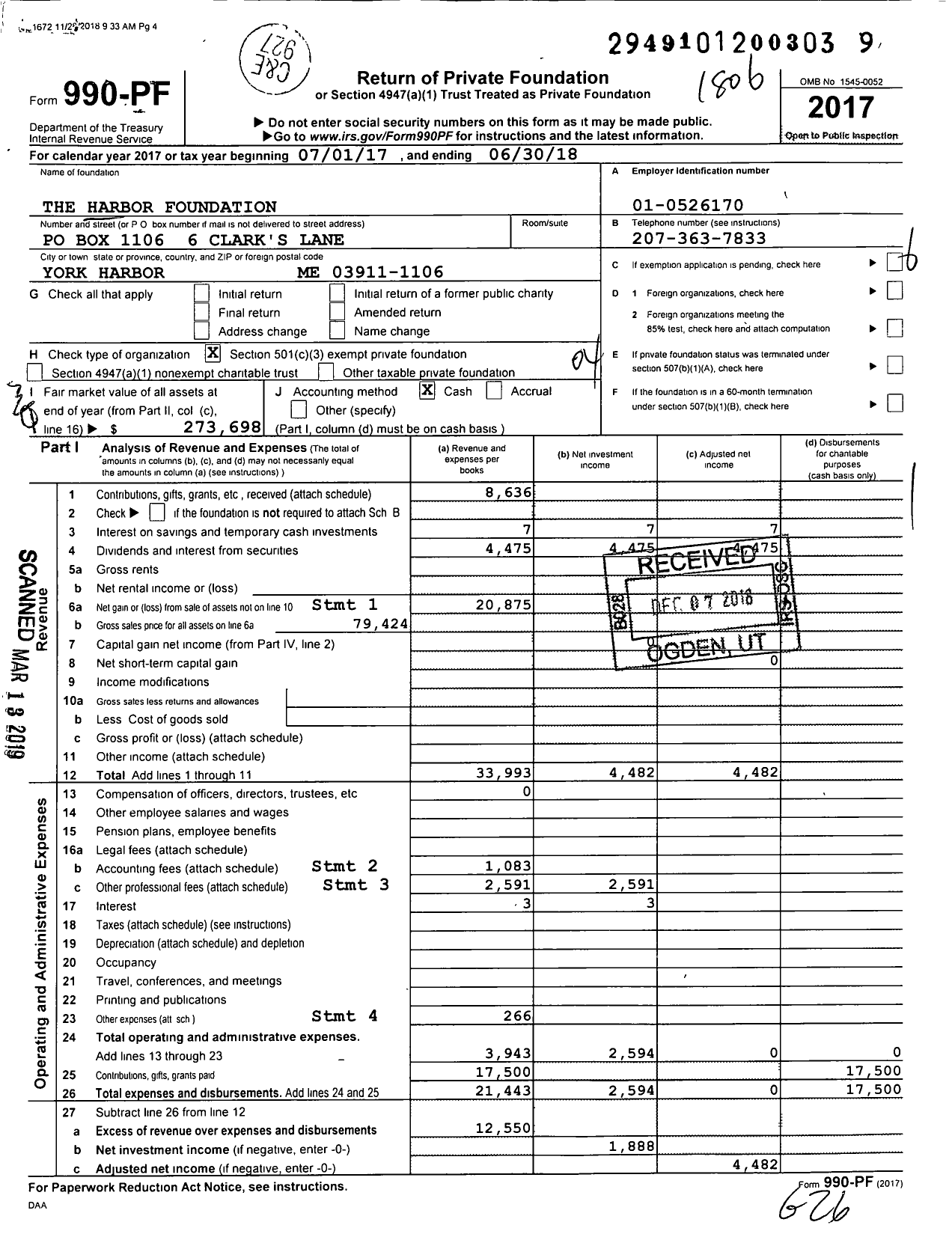 Image of first page of 2017 Form 990PF for The Harbor Foundation