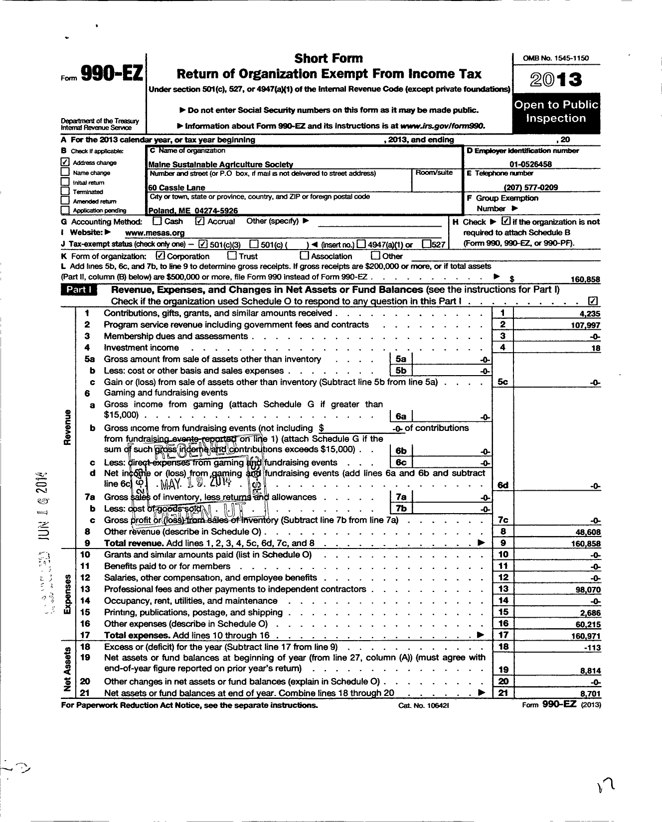 Image of first page of 2013 Form 990EZ for Maine Sustainable Agriculture Society