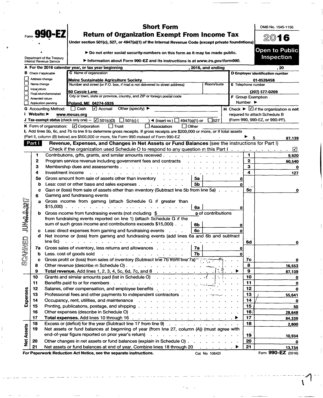 Image of first page of 2016 Form 990EZ for Maine Sustainable Agriculture Society